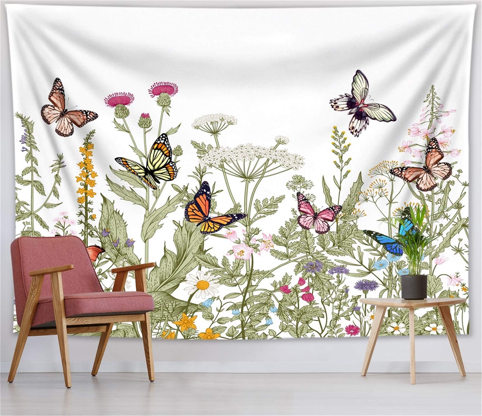 Leaf Butterfly Tapestry Wall Hanging - Sage Green Floral Decor for Bedroom & Living Room (92.5x72.9 In) - Perfect for Boho & Spring Home Decor