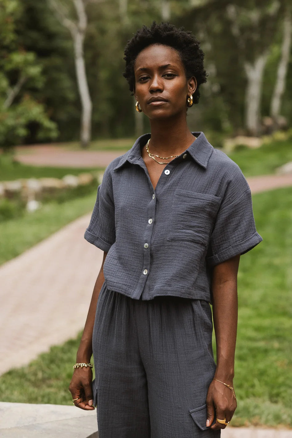 Benji Cotton Gauze Top for Women - Soft & Breathable Slate Blue Blouse - Perfect for Summer, Beach, and Casual Outings - FINAL SALE