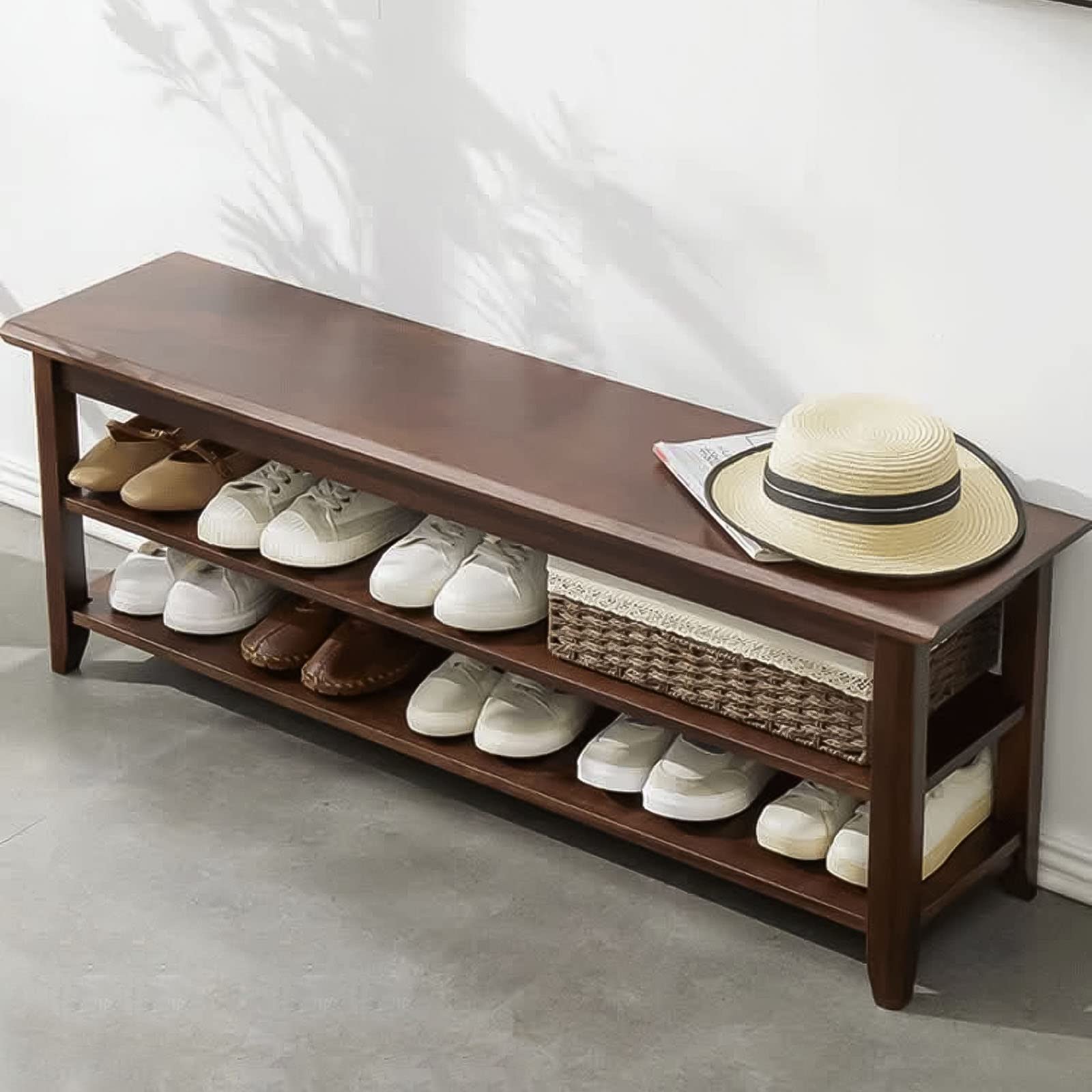 RêveLife 3-Tier Heavy Duty Rubber Wood Shoe Storage Bench - 500lbs Capacity Entryway Shoe Rack with Seat, Shoe Organizer Shelf for Hallway, Mudroom & Living Room - 39.4 Inch Brown Wooden Shoe Bench for Home Organization & Comfortable Sitting