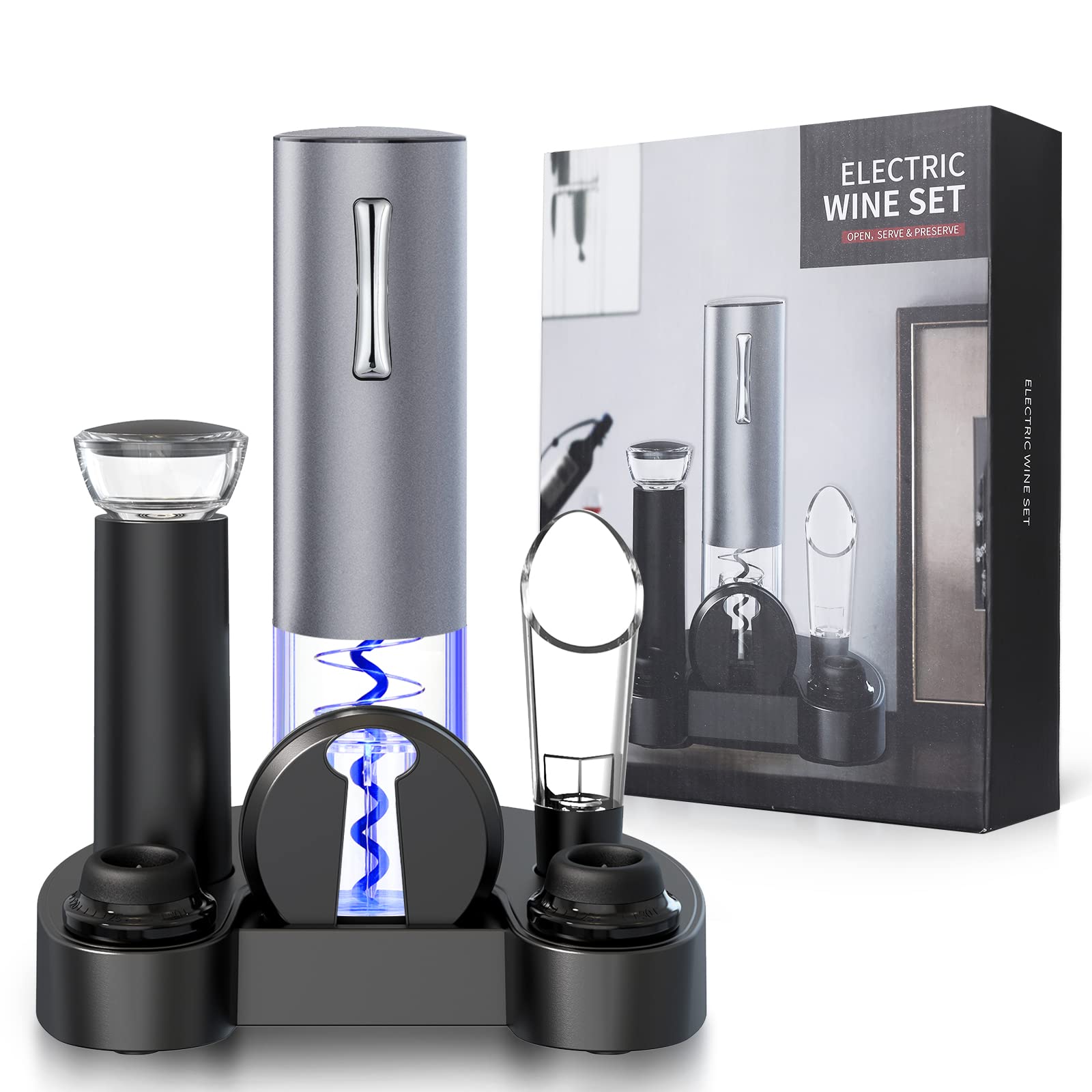 Anpro Electric Wine Opener Set - Rechargeable Corkscrew with Charging Base, Vacuum Pump, Wine Stopper & Pourer - Perfect Gift for Wine Lovers, Dinner Parties & Holiday Gifts (Grey)