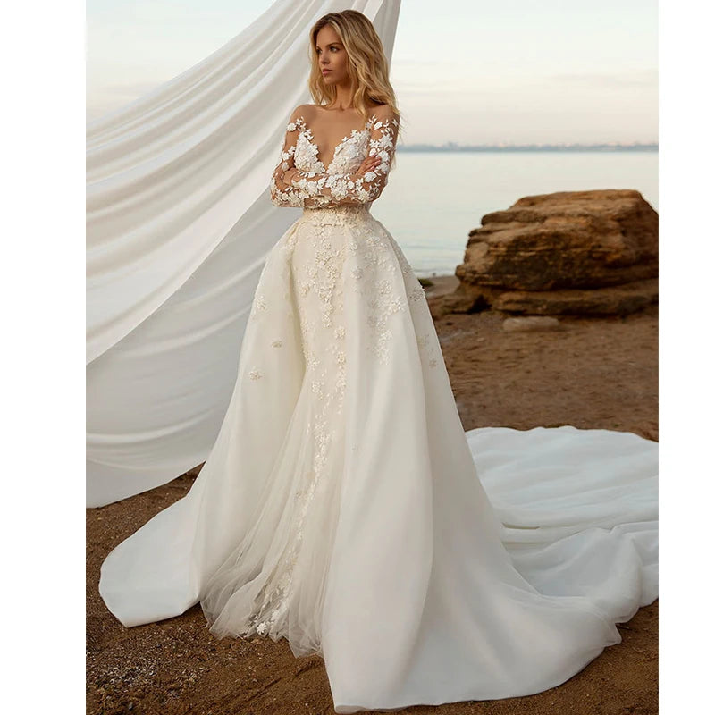 Elegant 2 in 1 Lace Mermaid Wedding Dress with Detachable Train - Perfect for Beach, Church, and Formal Bridal Ceremonies