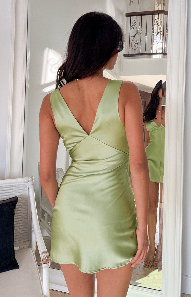 Daphne Sage Satin Mini Dress for Women - Elegant Party Cocktail Dress with V-Neck & Short Sleeves - Perfect for Weddings, Date Nights & Special Occasions