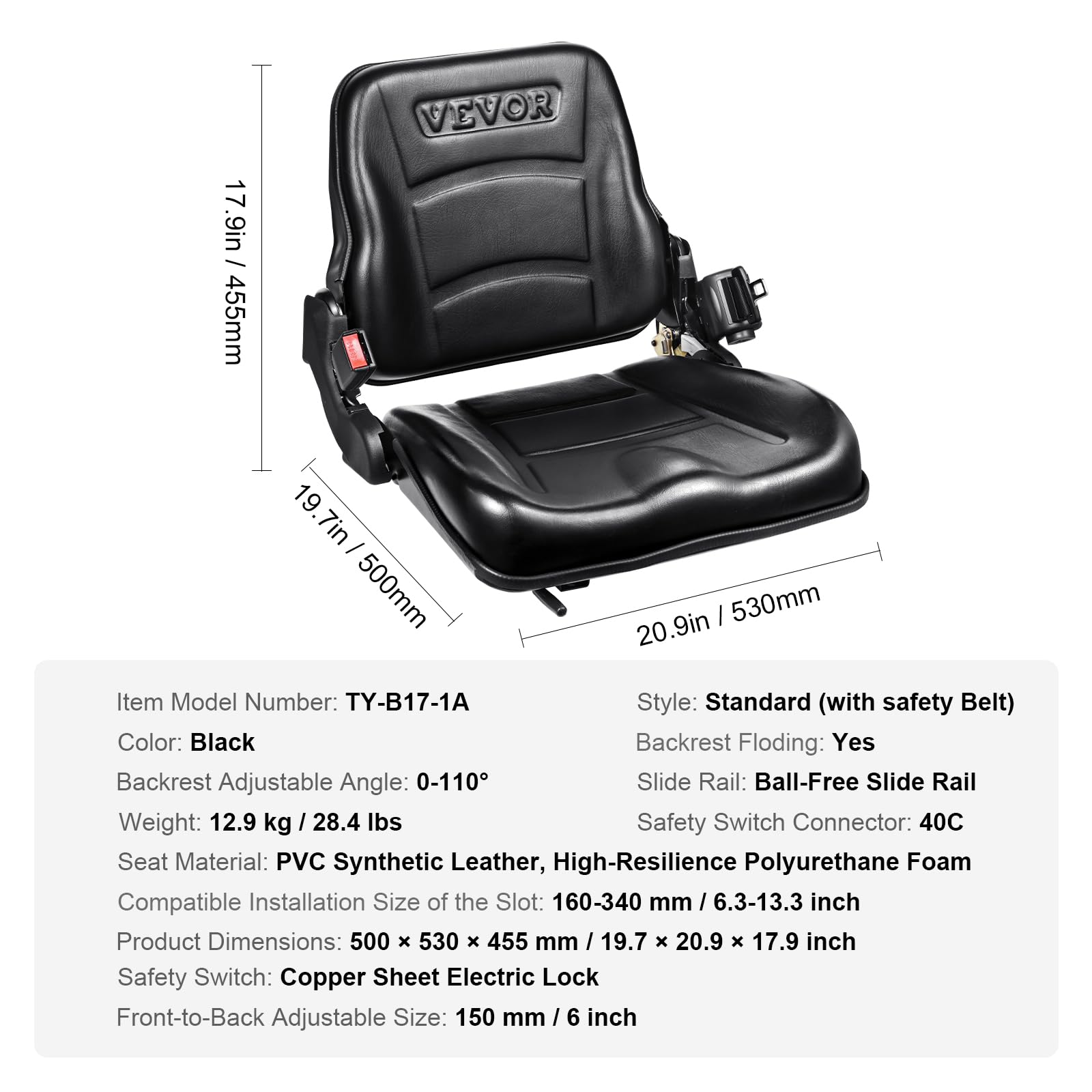 VEVOR Universal Forklift Seat - Adjustable Angle Back, Micro Switch & Retractable Seatbelt - 6.3-13.4