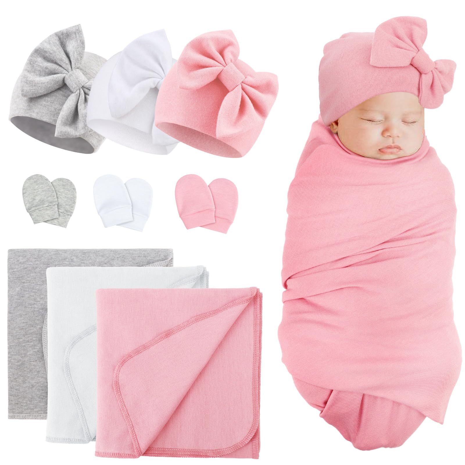 DRESHOW BQUBO Newborn Cotton Receiving Blankets - Soft & Warm Baby Swaddle with Mittens & Bow Hat - Perfect for Hospital, Sleep, and Baby Shower Gifts - Ideal for Newborns 0-6 Months