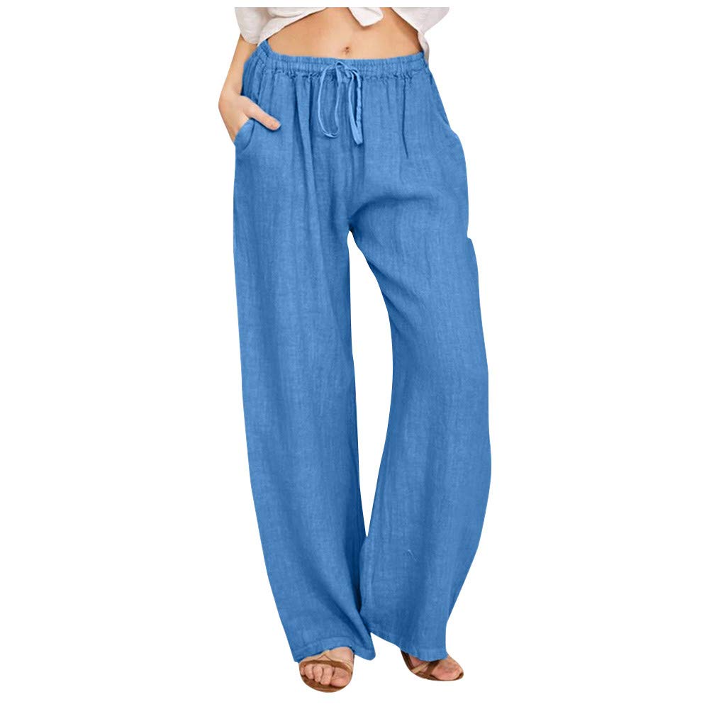 Women's Cotton Linen Pants - Dressy Casual Drawstring Wide Leg Trousers with Pockets | Loose Fit Straight Leg Sweatpants for Work, Travel & Lounge