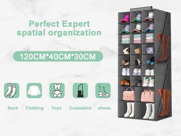 Space-Saving Hanging Shoe Organizer for Closet - 25-Pocket Collapsible Shoe Storage Rack with 4 Large Side Pockets | Perfect for Organizing Shoes, Hats, Clothes & Accessories | Ideal for Small Closets, Dorm Rooms & Apartment Storage (Gray)