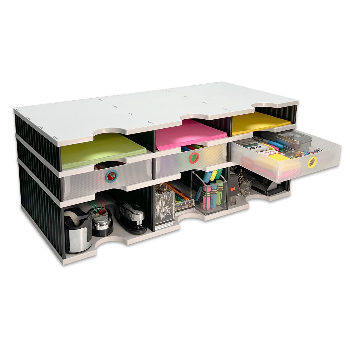 6-Tier Desktop Organizer with Letter Tray Sorter, Riser Storage Base & 3 Drawers - Modular Office File Organizer for Documents, Files, Forms & Supplies - Perfect for Home Office, School & Workspace Organization