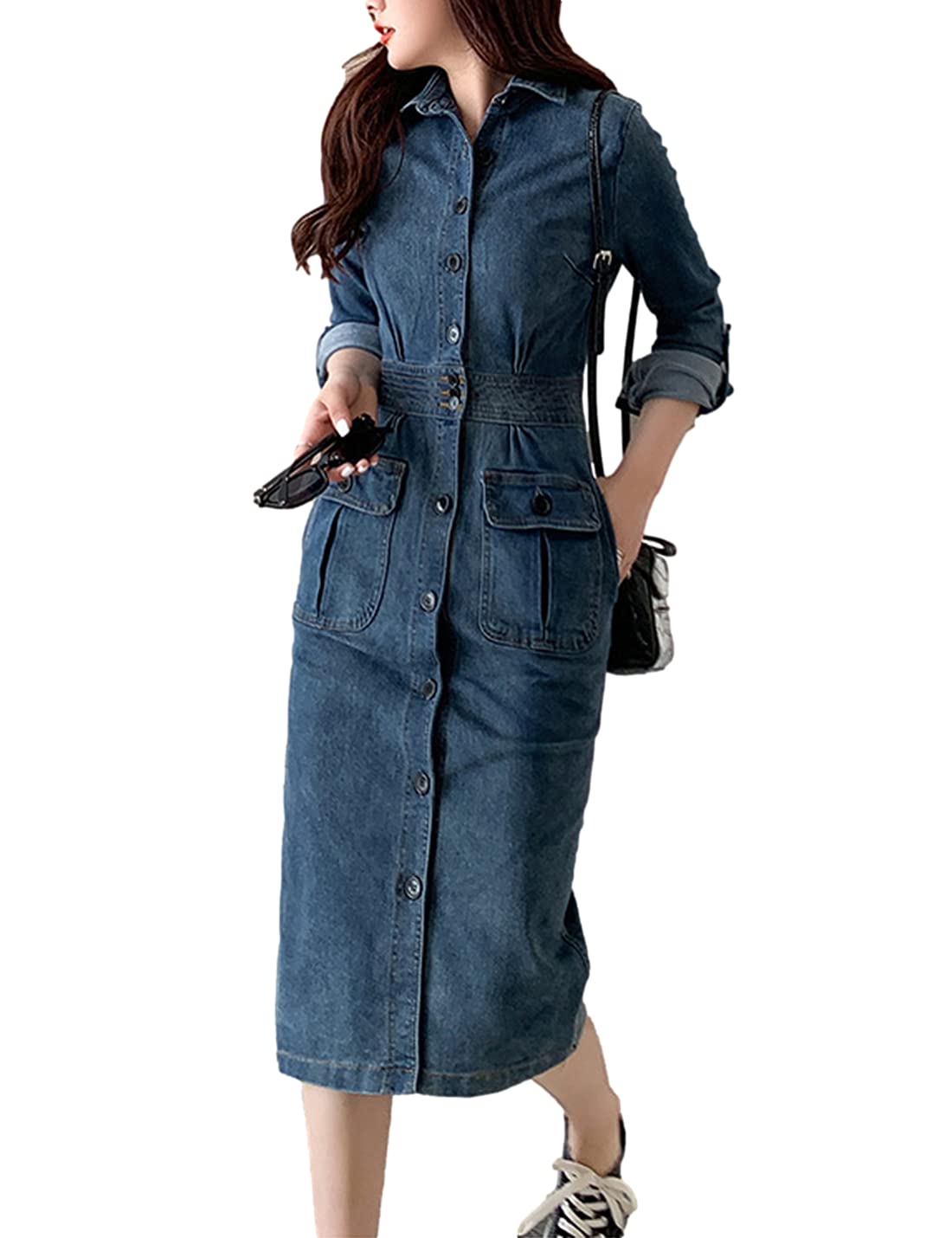 Omoone Women's 3/4 Sleeve Belted Midi Denim Dress with Pleats - Casual Swing A-Line Skirt for Spring Summer Outfits, Date Night & Office Wear