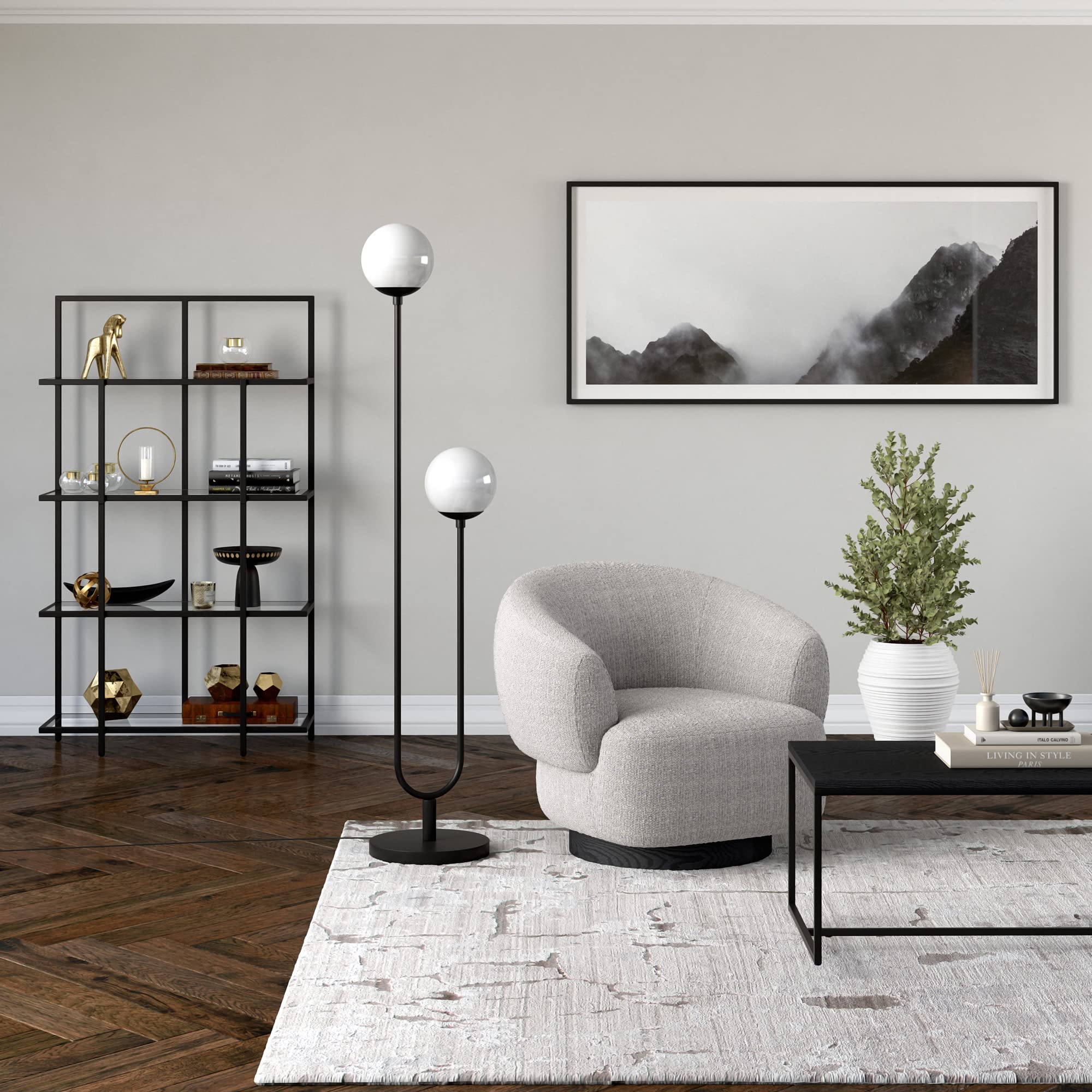 Henn&Hart 2-Light Modern Floor Lamp with Glass Shades - Blackened Bronze/White Milk Finish - 68.5