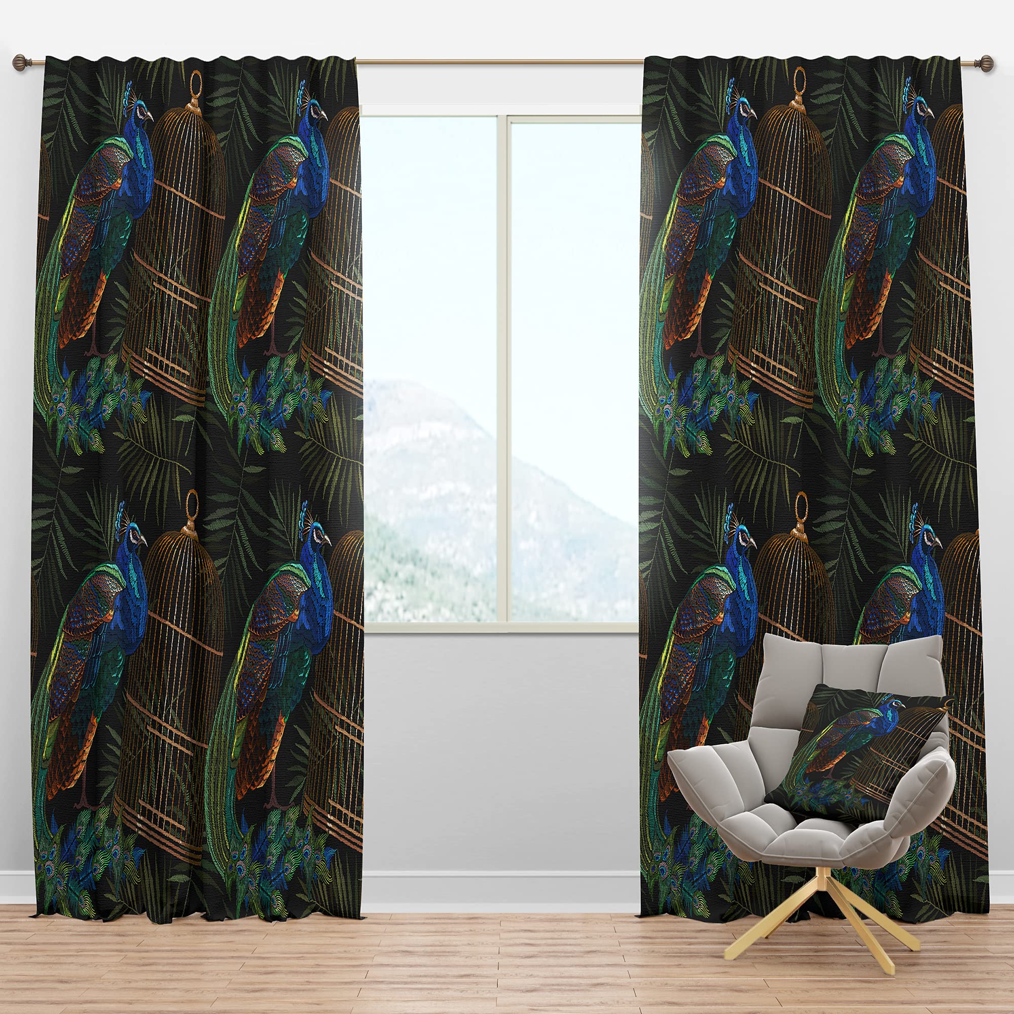 DesignQ Blackout Curtains 'Tails of Peacocks and Birds Cage' - Thermal Insulated Single Panel (52x84 inches) for Bedroom & Living Room - Elegant Room Darkening Drapes for Better Sleep & Energy Efficiency
