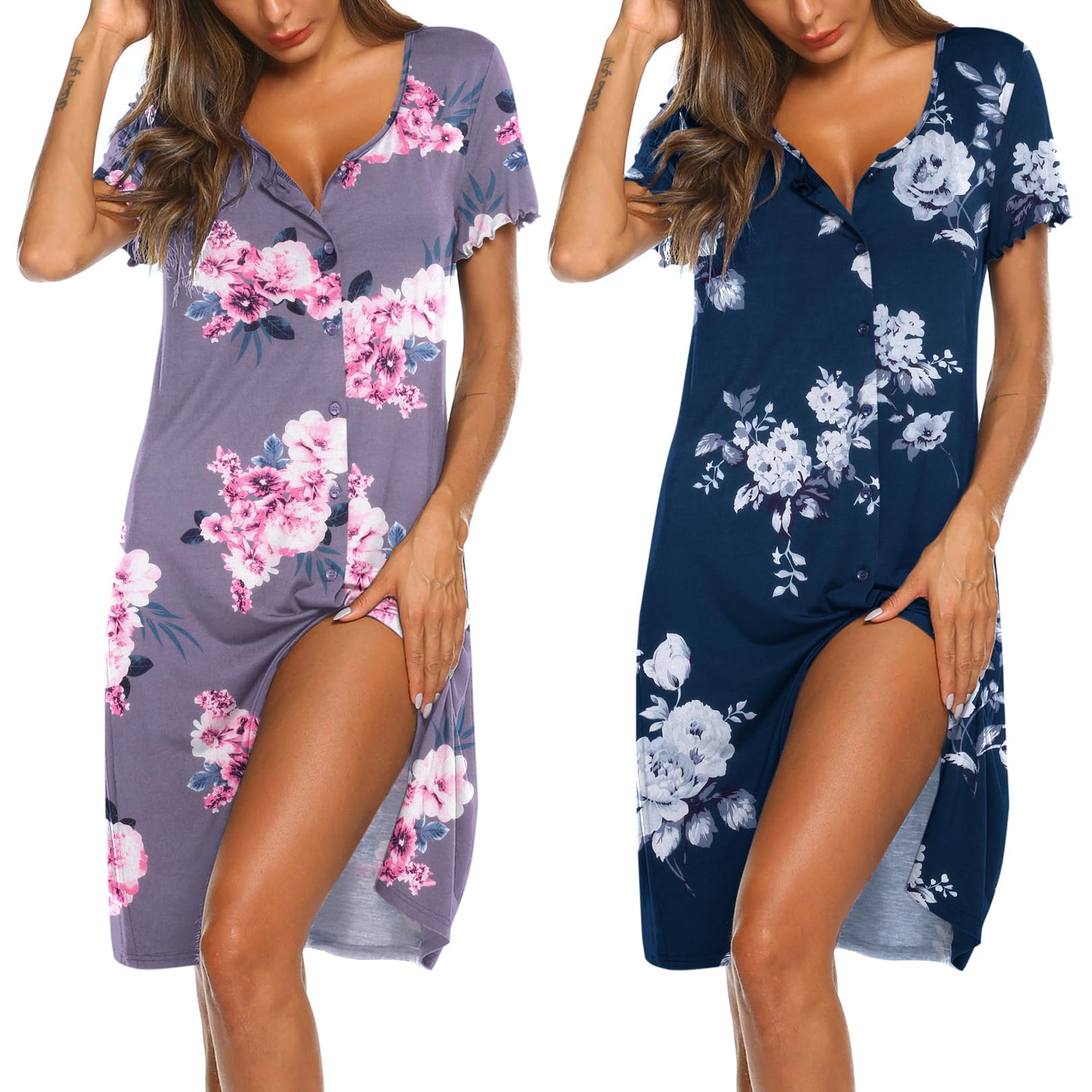 Ekouaer Women's 2-Pack Button Down Nightgowns - Soft Short Sleeve V-Neck Sleep Shirts & Pajama Dresses for Comfortable Sleepwear | Perfect for Bedtime, Lounging & Maternity Wear