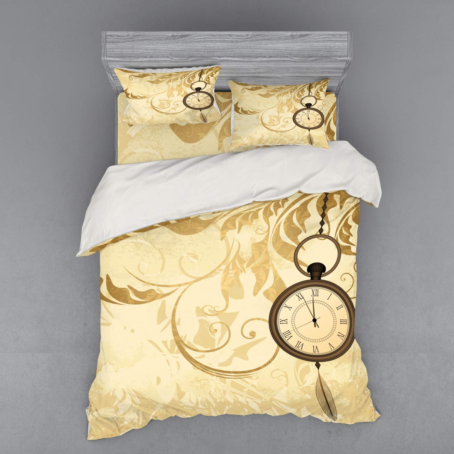 Ambesonne Vintage Grungy Pocket Watch Clock Bedding Set - 4 Piece Duvet Cover with Shams & Fitted Sheet, Queen Size Brown Retro Design - Perfect for Romantic Bedroom Decor & Steampunk Theme Rooms