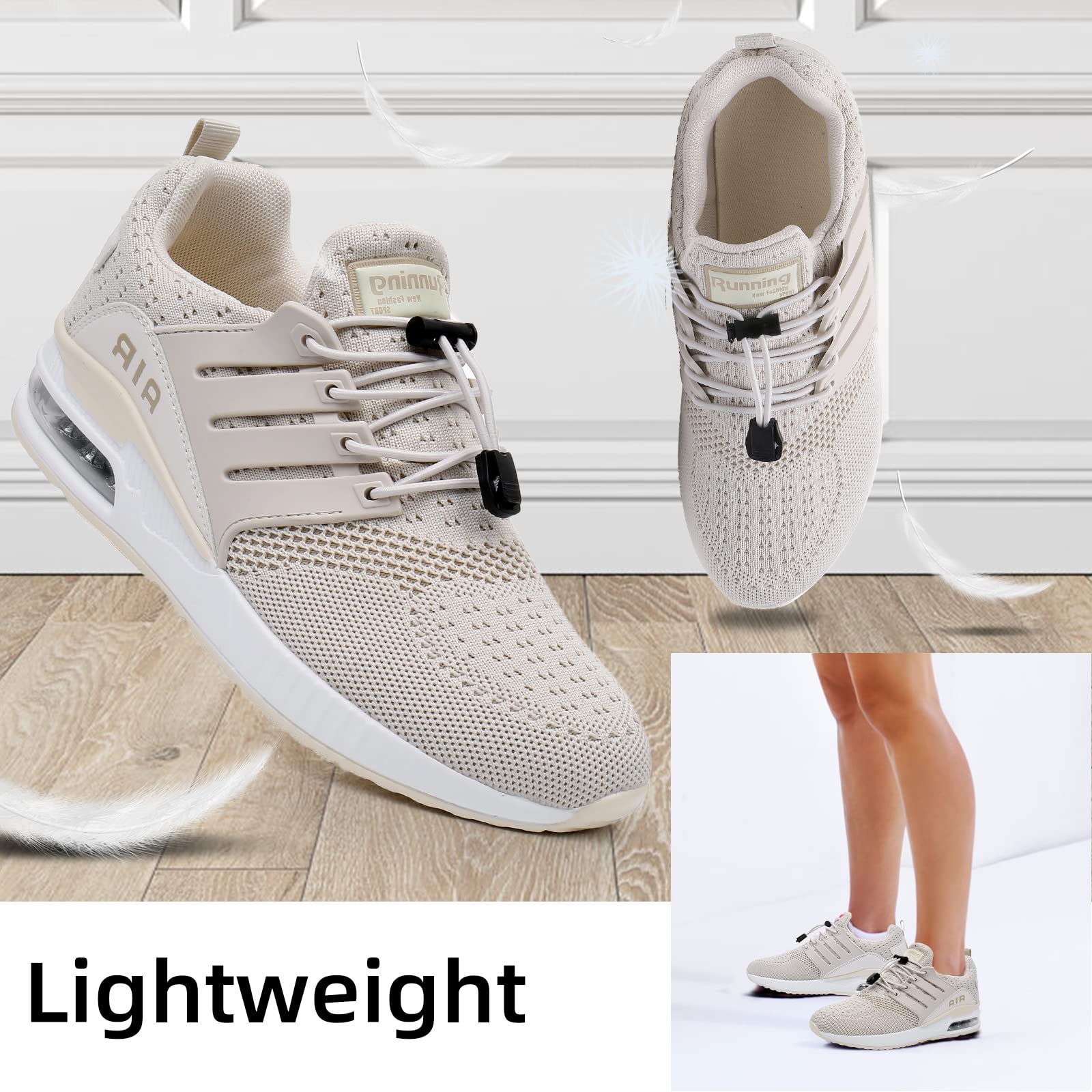 BOGOVER Women's Lightweight Air Running Shoes - Breathable Gym Jogging Tennis Sneakers with Air Cushion, No-Tie Lace Design (Khaki, Size 5) | Perfect for Workouts, Running, Walking & Casual Wear