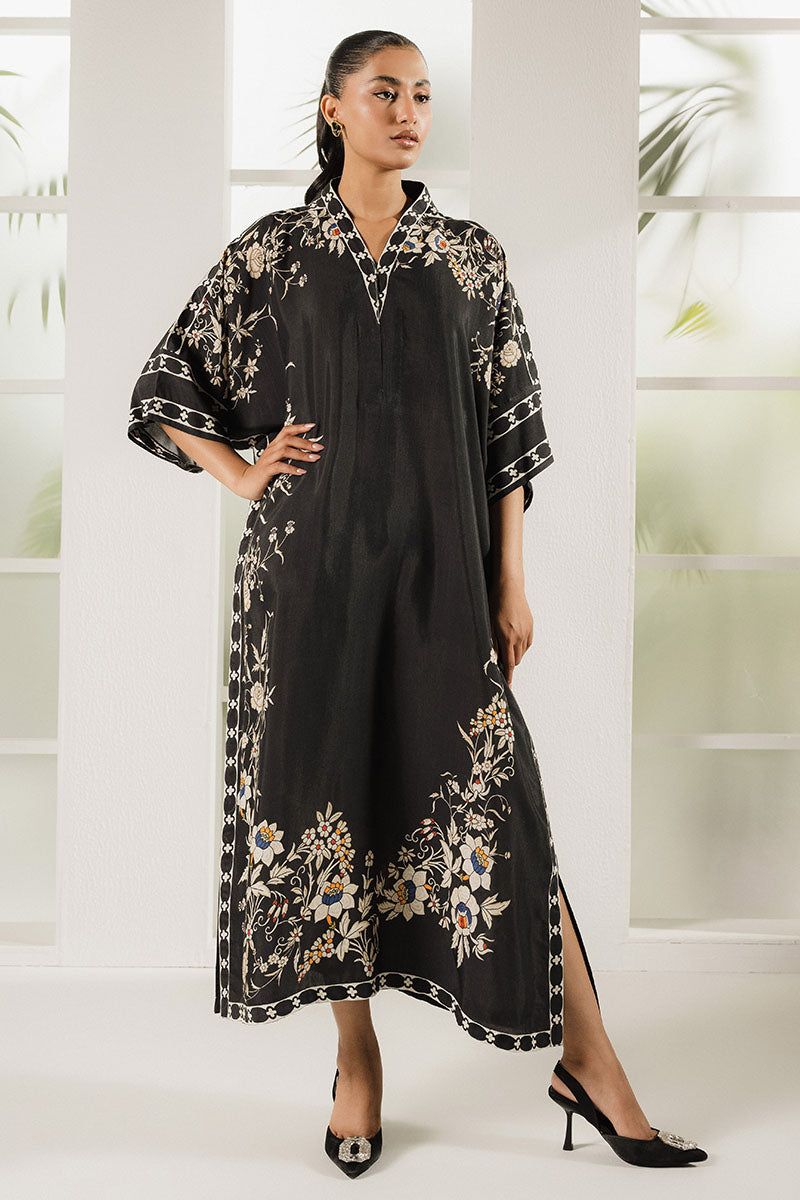 Black Trellis Printed Silk Shirt for Women - Elegant Floral Pattern Blouse for Office, Party & Special Occasions
