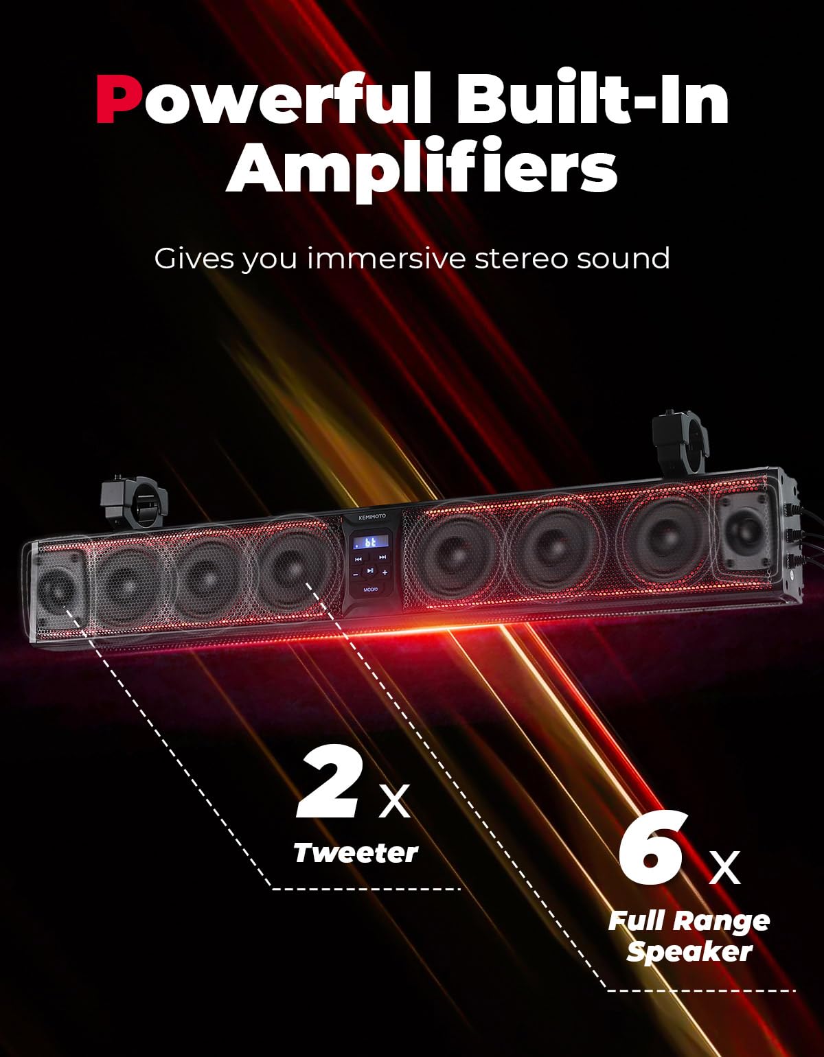 KEMIMOTO 33 Inch 8 Speaker UTV Sound Bar - Waterproof Bluetooth Sound System with Multicolor LED Lights, Heavy-Duty Aluminum Housing for SXS, Golf Cart, Marine Boat - Fits 1.75''-2.25'' Roll Bars | Perfect for Off-Road Adventures, Beach Parties & Outdoor Entertainment