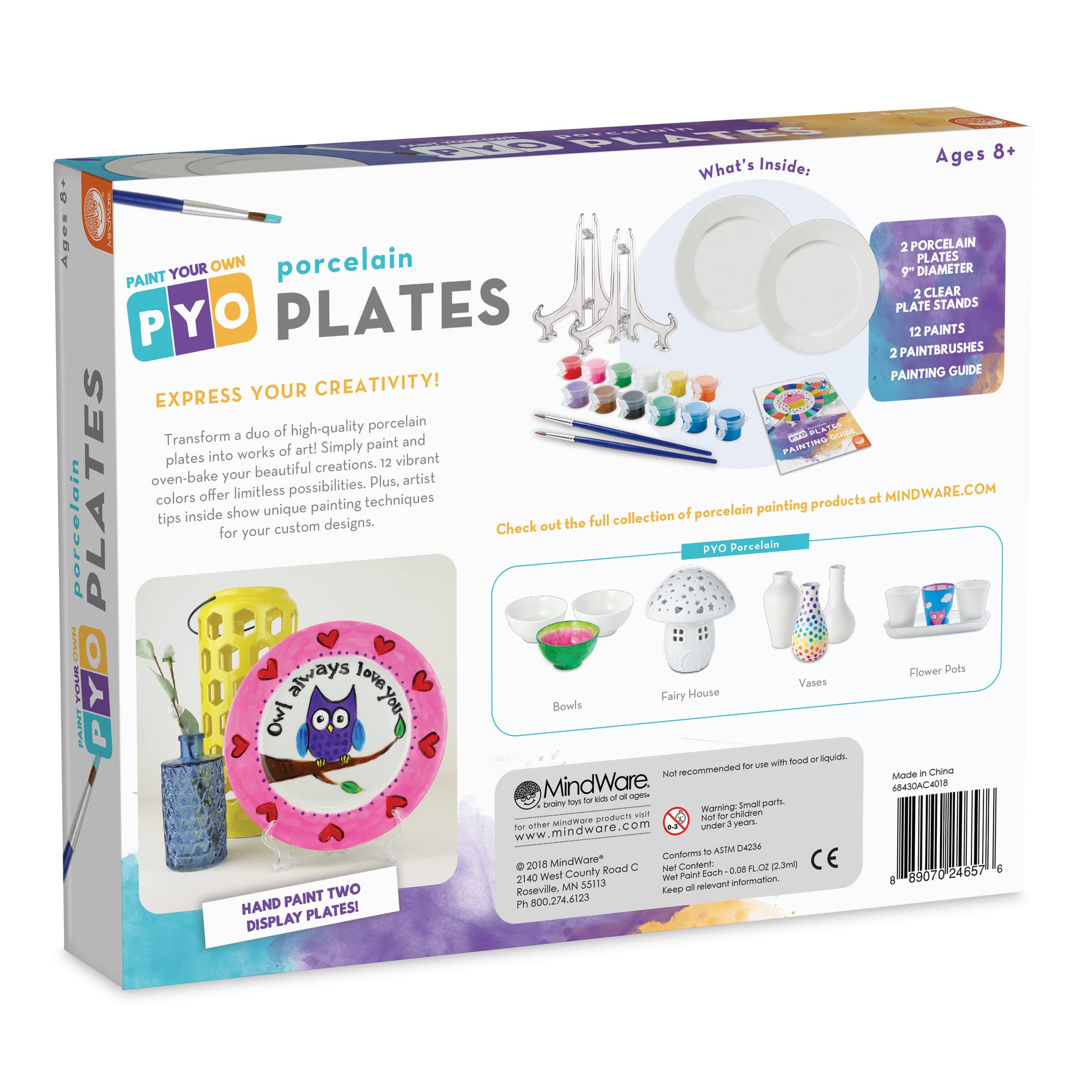 MindWare DIY Porcelain Painting Kit - 2 White Plates, 12 Vibrant Paints, 2 Brushes & Display Stands for Kids & Adults - Perfect for Birthday Gifts, Family Craft Night & Home Decor Projects