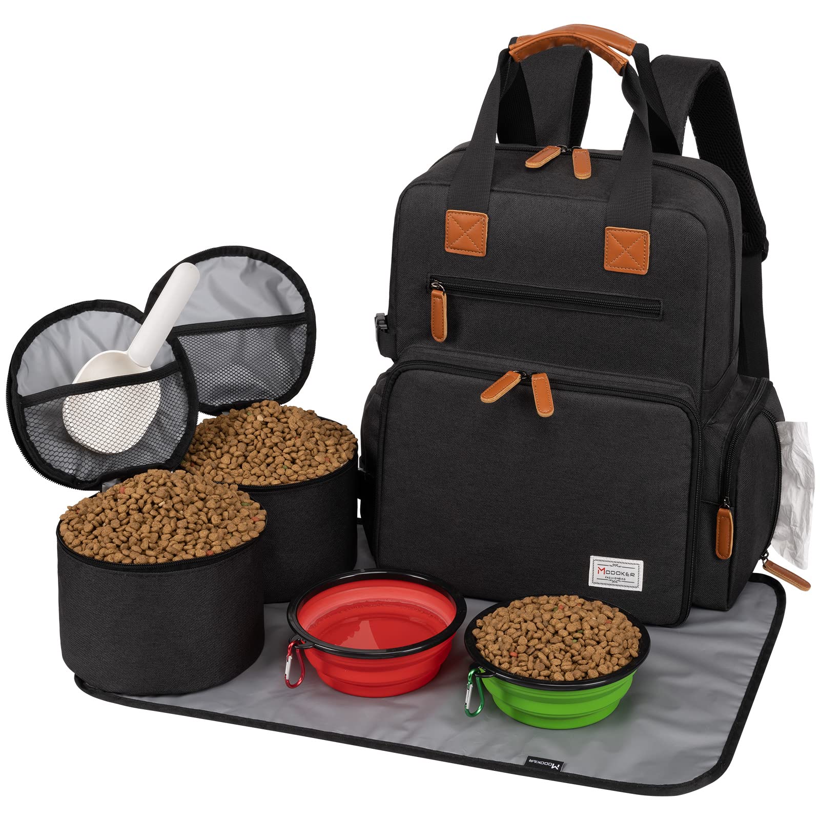 Modoker Airline Approved Pet Travel Backpack - Dog Carrier with 2 Food Containers, 2 Collapsible Bowls & Pet Mat - Perfect for Weekend Trips, Hiking & Outdoor Adventures (Black)