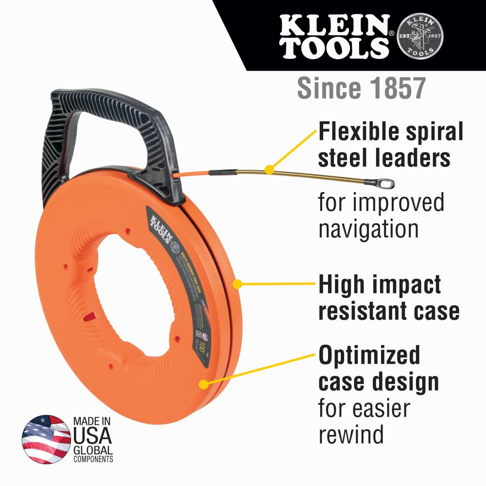 Klein Tools 56380 Non-Conductive Electrical Fish Tape - 100-Foot x 3/16-Inch Fiberglass Wire Puller with Steel Leader for Safe Electrical Wiring | Ideal for Electricians, DIY Home Wiring & Conduit Installation