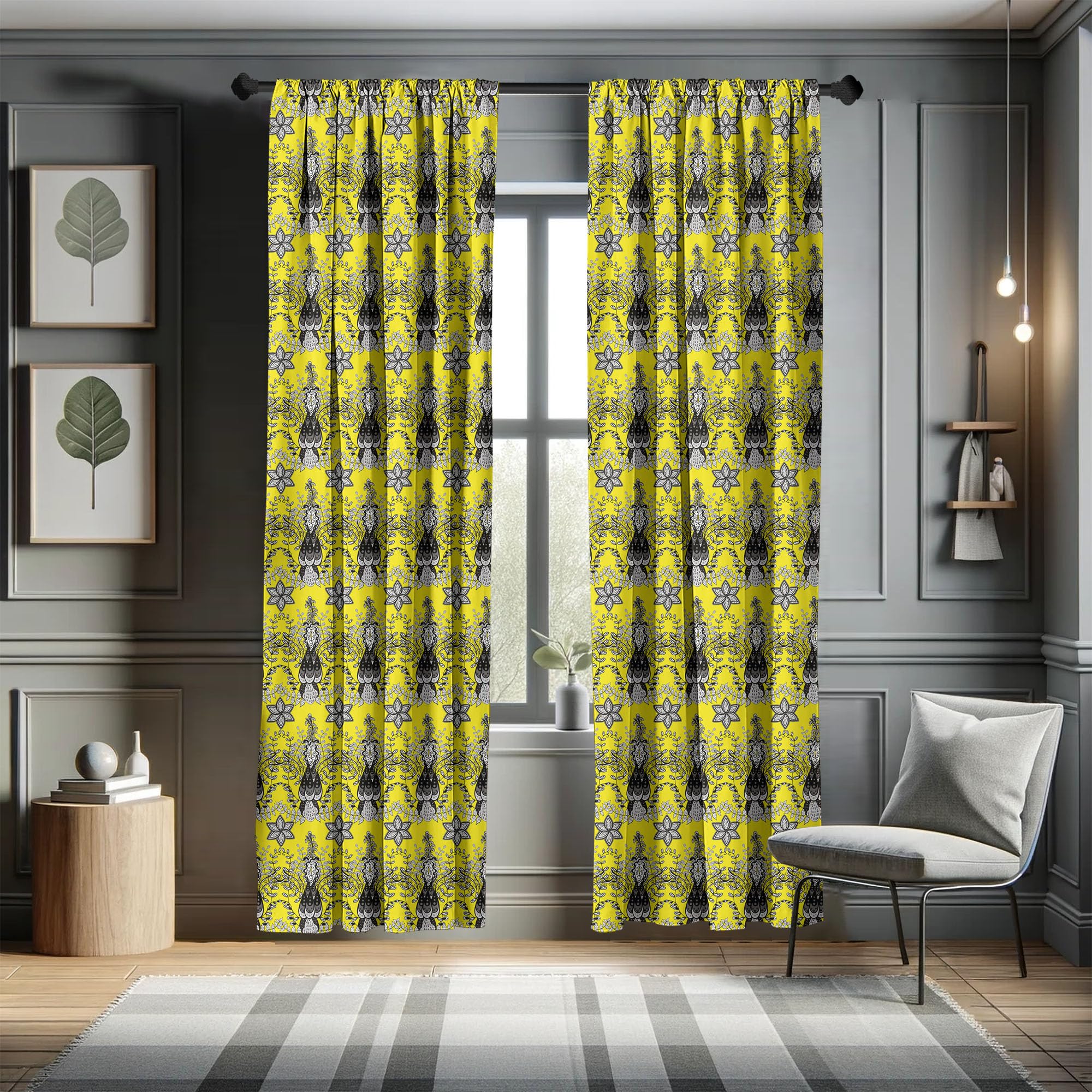 Ambesonne Grey and Yellow Curtains - Oriental Paisley Floral Design with Ivy Swirls - 2 Panel Window Treatments for Living Room & Bedroom - 28