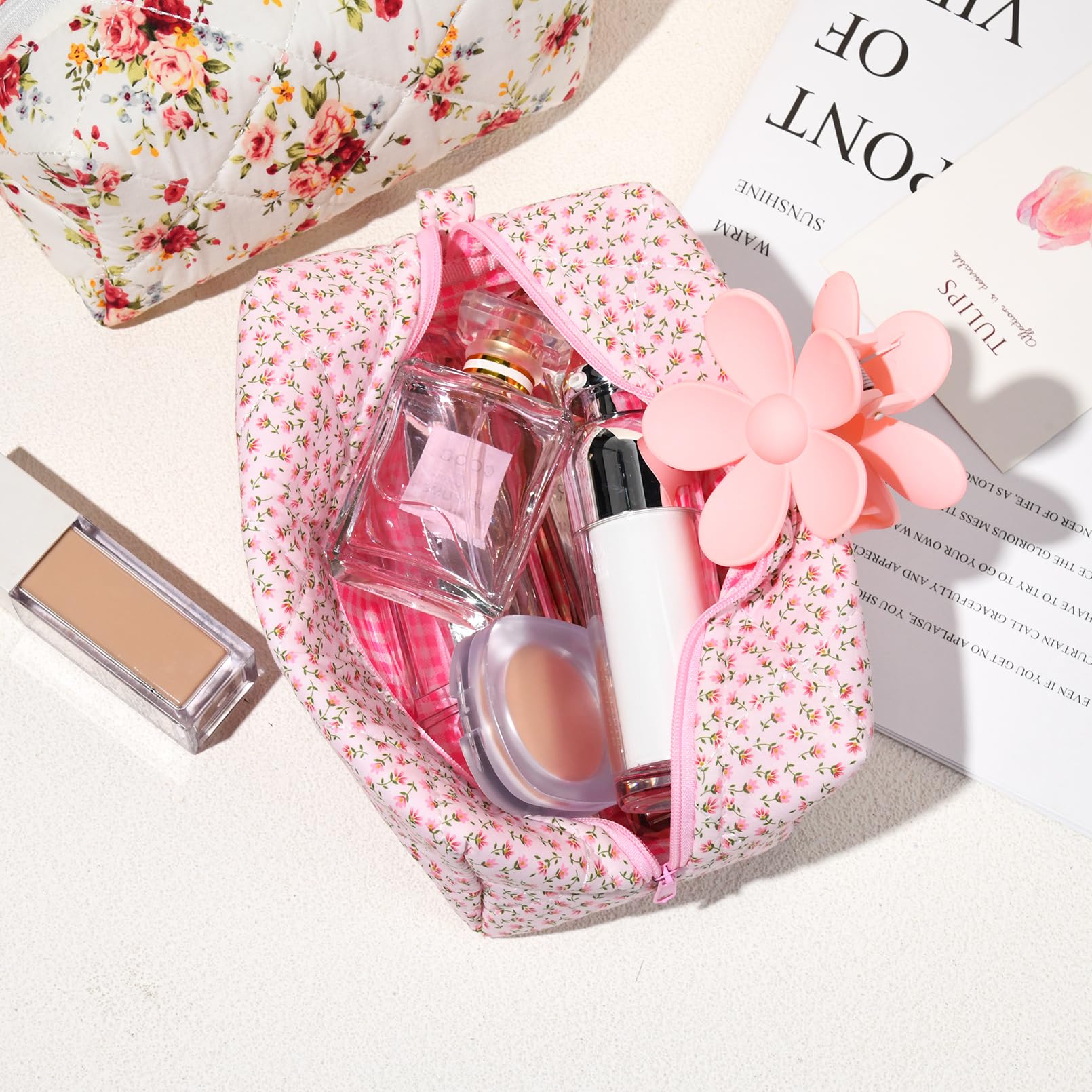 Floral Quilted Makeup Bag - Puffy Coquette Cosmetic Pouch for Women | Cute Pink Travel Toiletry Organizer | Cotton Makeup Brushes Storage Bag | Perfect for Travel, Gifts & Daily Beauty Essentials