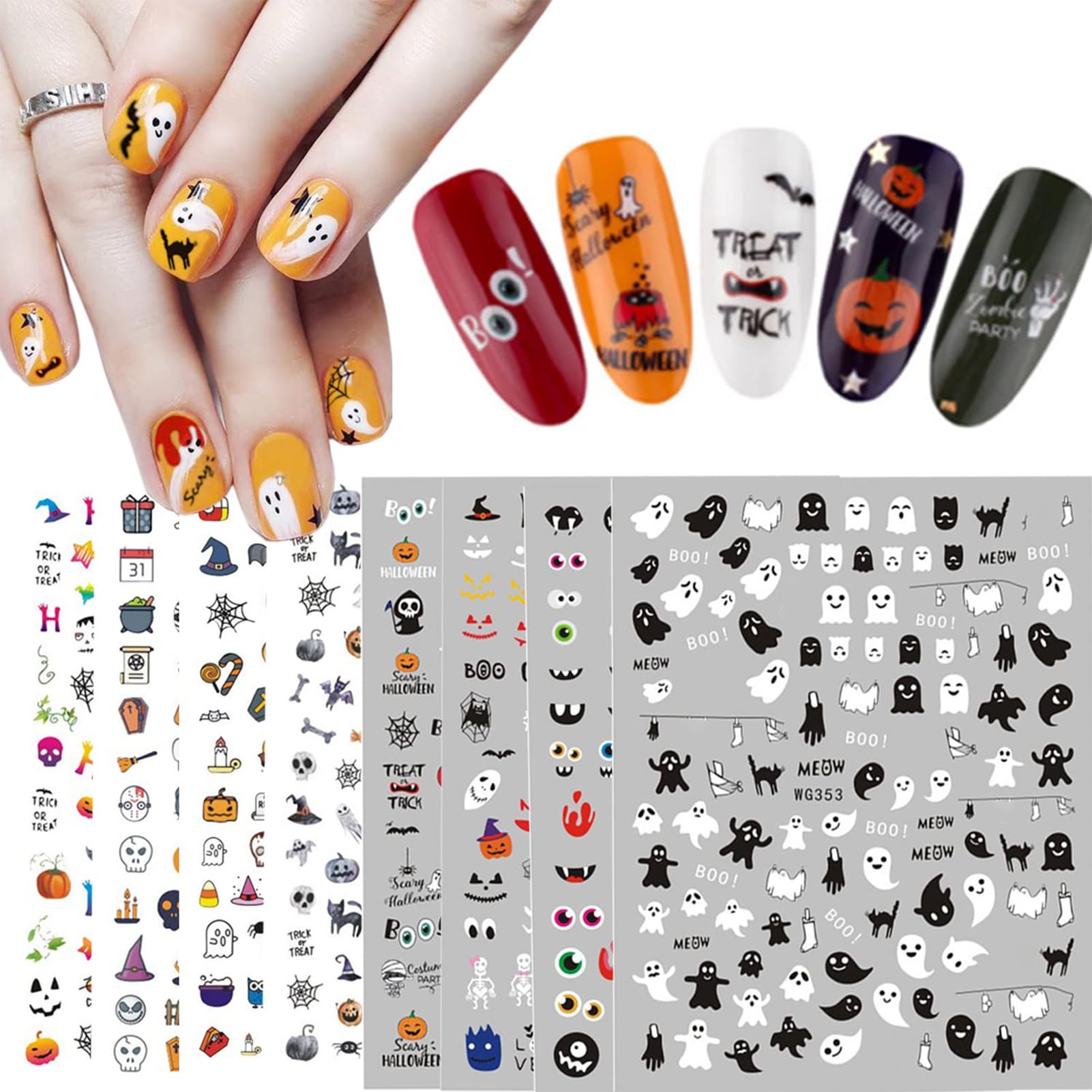 Halloween Nail Art Stickers - Self-Adhesive Nail Decals with Horror Designs (Pumpkin, Bat, Ghost, Spider Web, Skull) for Women & Girls - Gothic Nail Art Supplies for Halloween Party, DIY Manicure & Spooky Nail Decor - Perfect for Costume Parties, Trick-or-Treating & Halloween Festivities