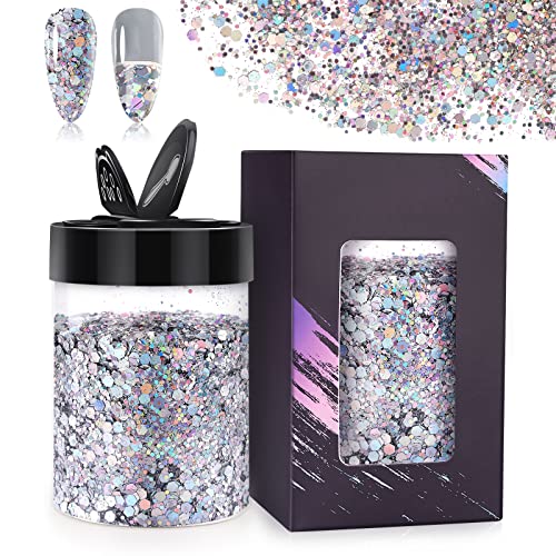 EBANKU 100g/3.5oz Ultra Sparkle Holographic Glitter - Chunky Cosmetic Glitter for Nails, Face, Body, Eyes & Hair - Multi-Purpose Laser Flakes for Resin Crafts, Arts & Festival Makeup - Silver (Great for DIY Nail Art, Festival Looks & Craft Projects)