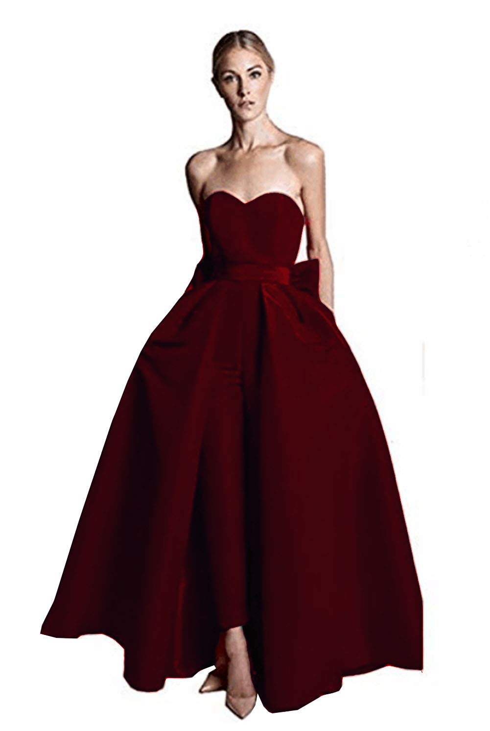 Emanni Women's Strapless Jumpsuit Wedding Dress with Detachable Skirt - Burgundy Bridal Gown for Bride & Bridesmaids | Perfect for Beach Weddings, Vow Renewals & Formal Evening Events