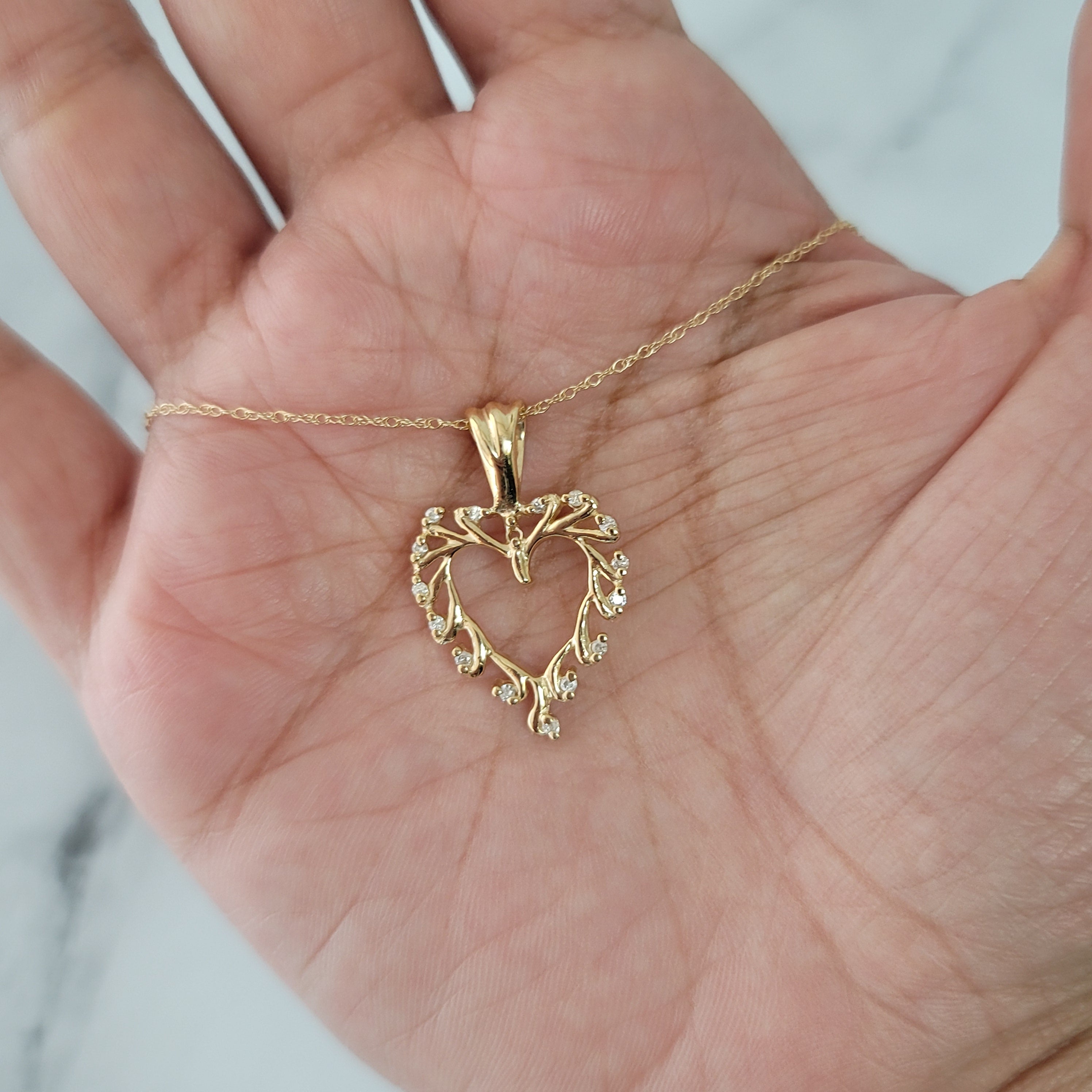 Heart Shaped Cutout Diamond Necklace with Leaf Design .18cttw 14k Yellow Gold - Perfect for Valentine's Day Gifts, Anniversary Presents & Romantic Occasions
