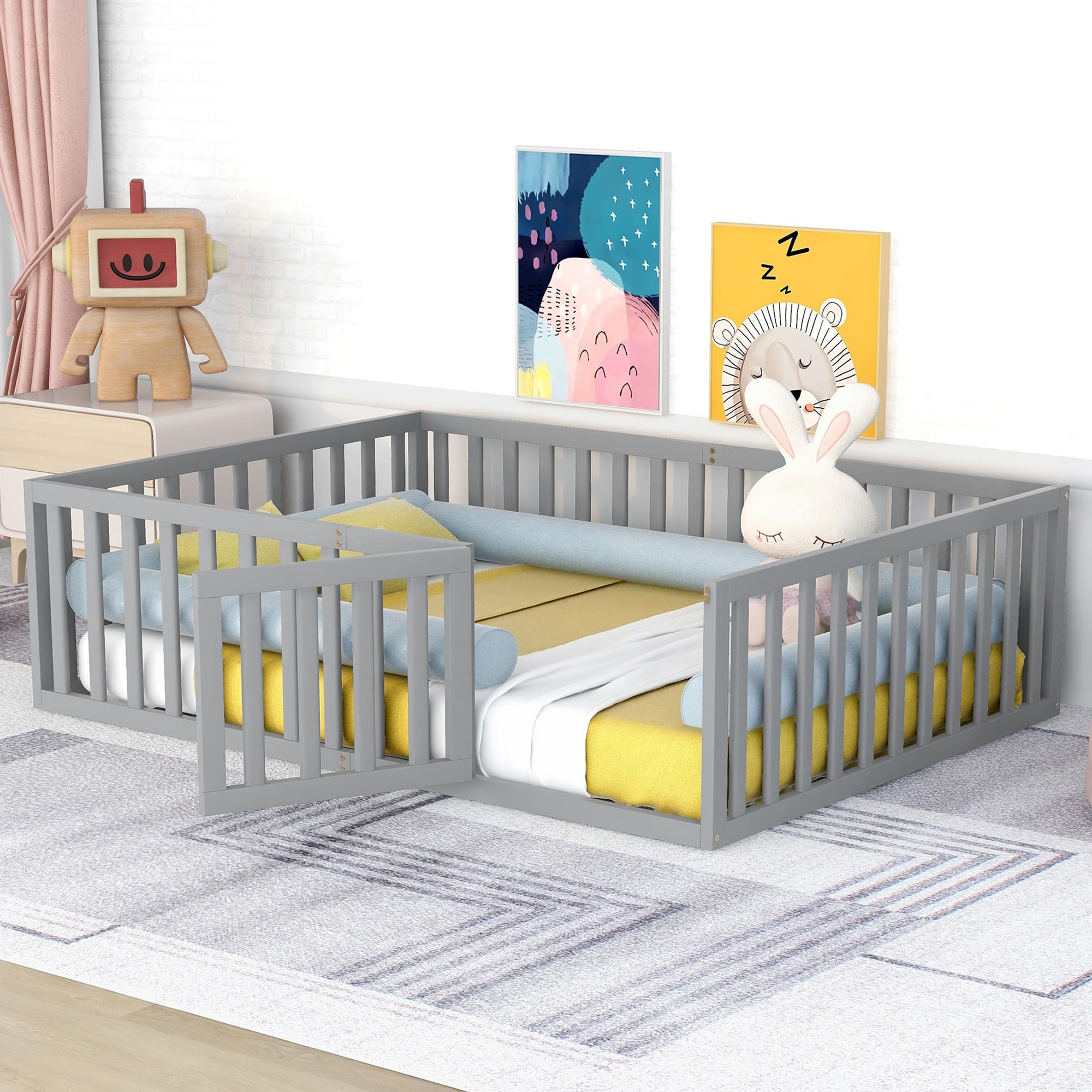 Montessori Floor Bed for Kids - Full Size Wooden Bed with Safety Fence & Door - Toddler Floor Bed Without Slats - Gray Children's Bed for Boys & Girls - Perfect for Bedrooms, Playrooms & Montessori Learning Spaces