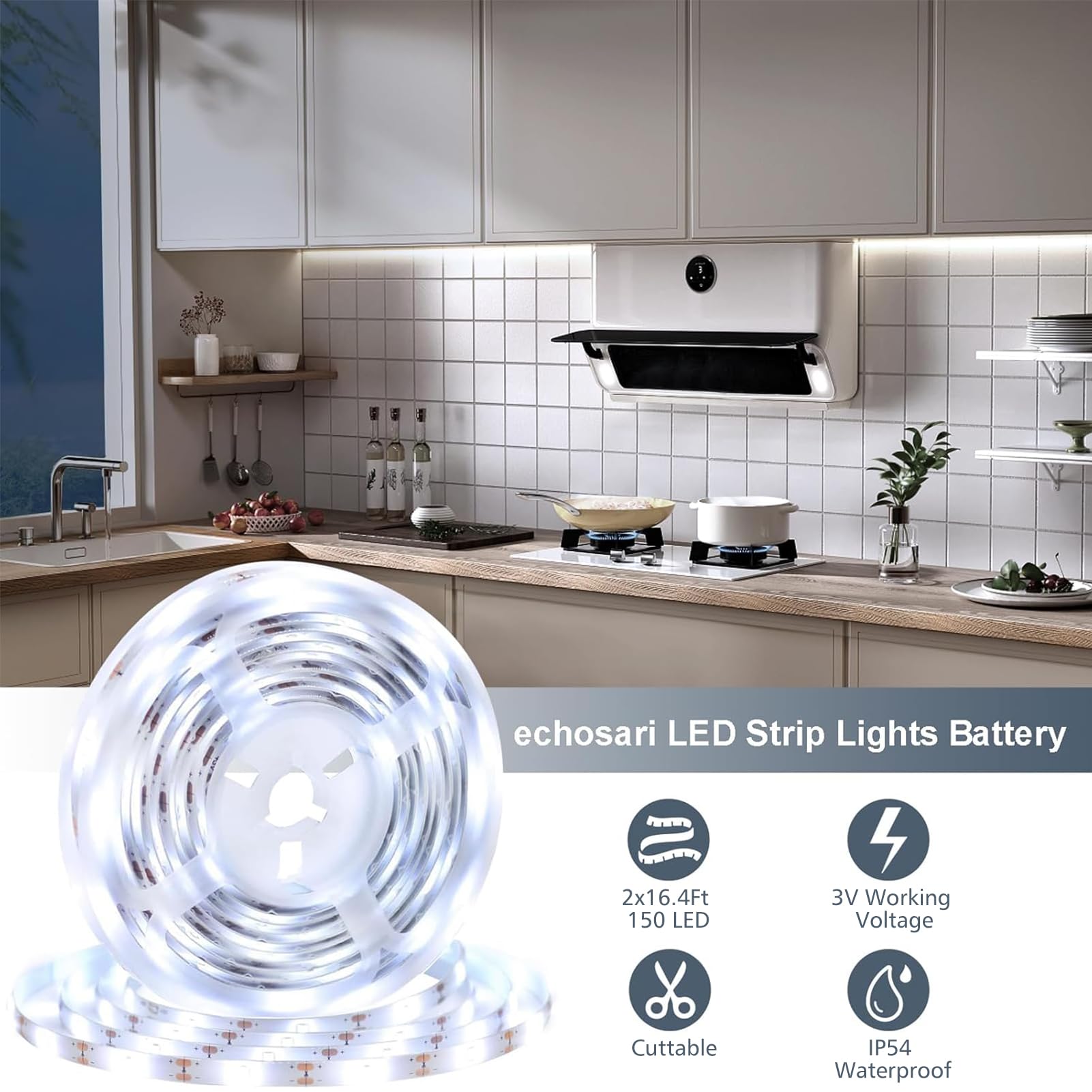 Echosari 2 Pack 9.8Ft LED Strip Lights with Remote & Timer - 90 LED Battery Operated Flexible Self-Adhesive Light Strips for Bedroom, TV Backlight, Kitchen, Boat, Cupboard Decor (Cool White) - Perfect for Home Lighting, DIY Projects & Party Decorations
