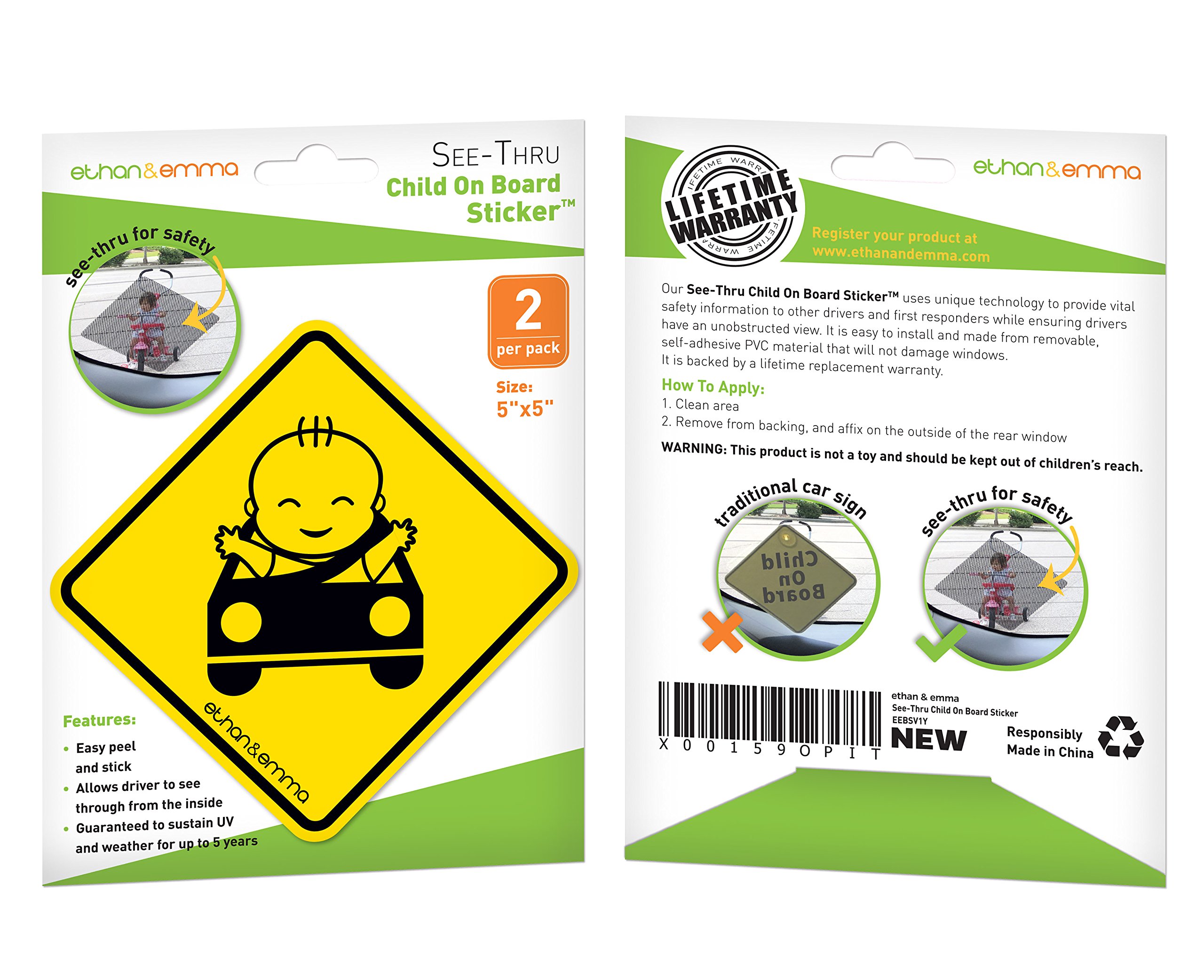 Ethan & Emma Baby On Board Car Stickers - Clear Safety Decals for Unobstructed View, Removable & Fade-Resistant - Works with Tinted Windows (2-Pack) - Perfect for Family Cars, SUVs and School Drop-Offs