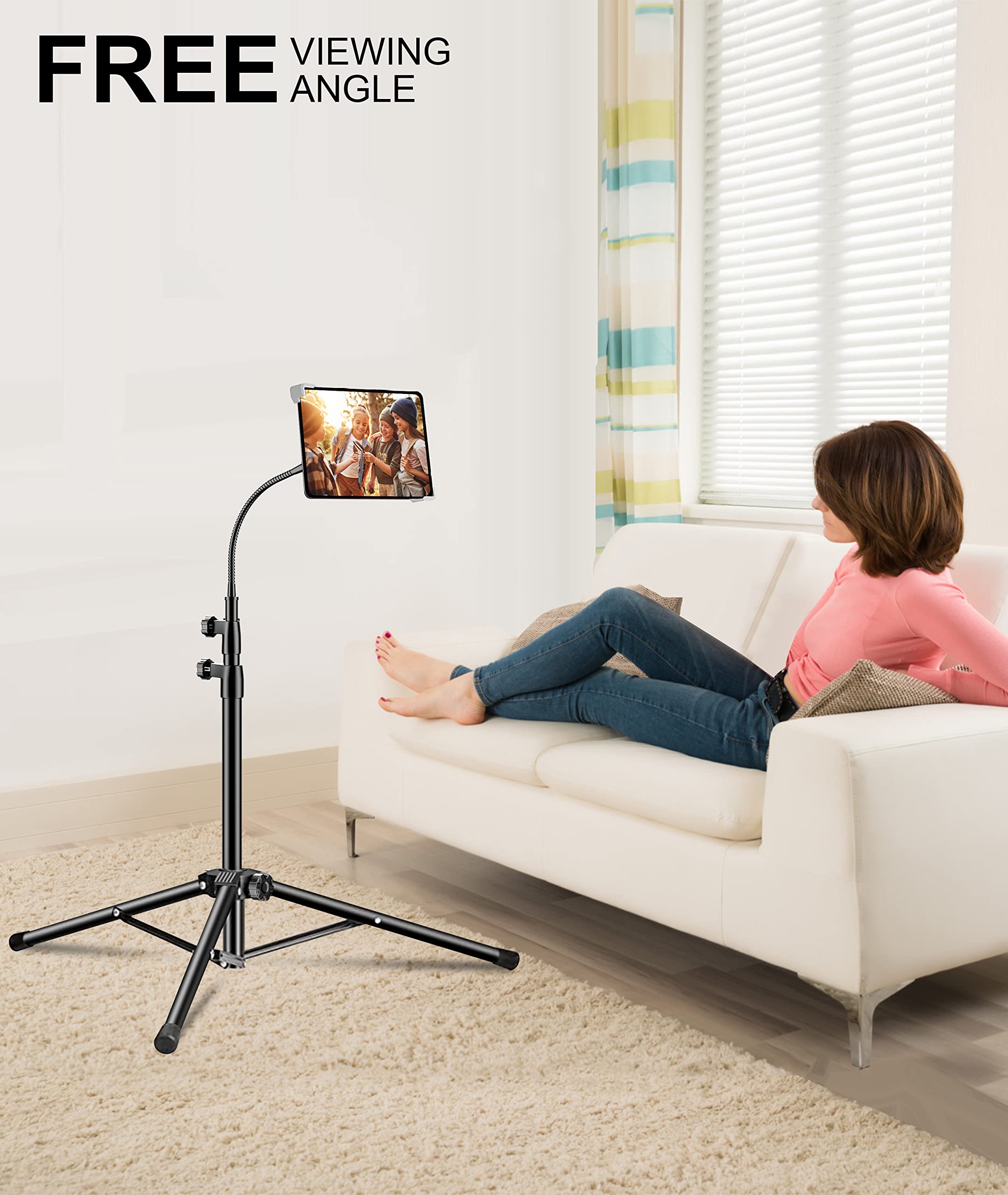 Adjustable Metal Gooseneck iPad Tripod Stand with 2 Holders - Compatible with iPad Pro 12.9, iPad Air, iPad Mini, Samsung Galaxy Tab & All 9.7-15 inch Tablets/Phones - Perfect for Home Office, Video Calls, Reading & Photography