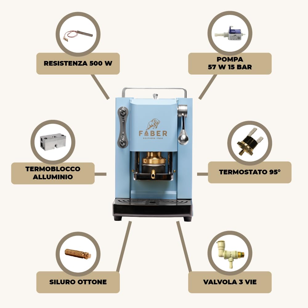 FABER COFFEE MACHINE | Pro Mini Deluxe Model | 44mm E.S.E. Pod Coffee Machine | Chrome Finish | Brass Portafilter (Turquoise) - Perfect for Home, Office & Small Cafes