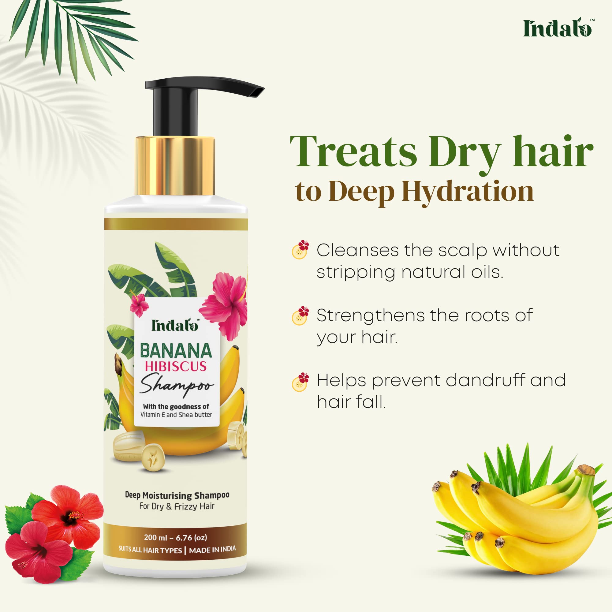 Indalo Banana Hibiscus Moisturizing Shampoo & Conditioner Set (200ml x 2) with Vitamin E & Shea Butter - Sulfate & Paraben Free Hair Care for Dry, Frizzy Hair - UV Protection for Men & Women - Perfect for Daily Hydration & Sun-Damaged Hair Repair