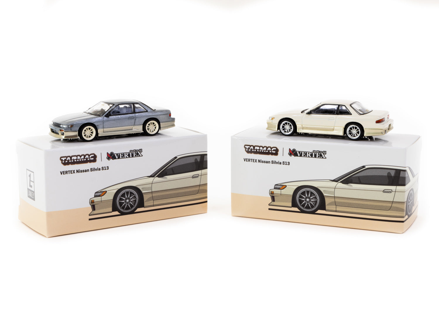 Tarmac Works 1/64 Scale VERTEX Nissan Silvia S13 Diecast Model Car - White & Gold Lamley Special Edition - Collectible Miniature Vehicle for Display & Racing Scenes