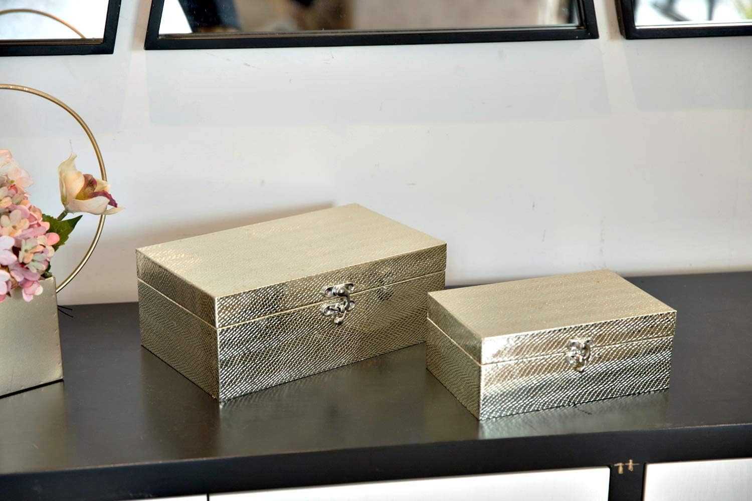 Set of 2 Decorative Wooden Keepsake Boxes - Small Jewelry Organizer with Gold Leather & Clasp Closure - Perfect for Jewelry Storage, Gift Giving & Home Decor