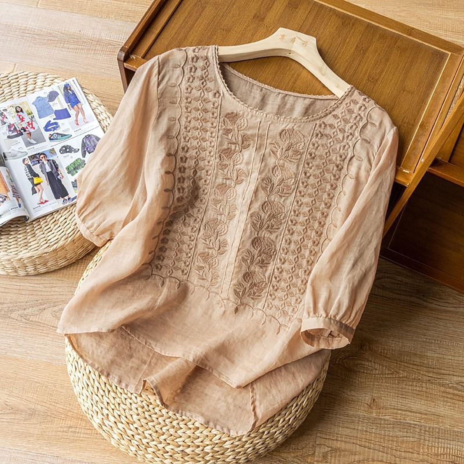 Women's Oversized Cotton Linen Shirt - 3/4 Sleeve V-Neck Button Up Blouse & Tunic Top for Casual Wear, Office, and Summer Outfits