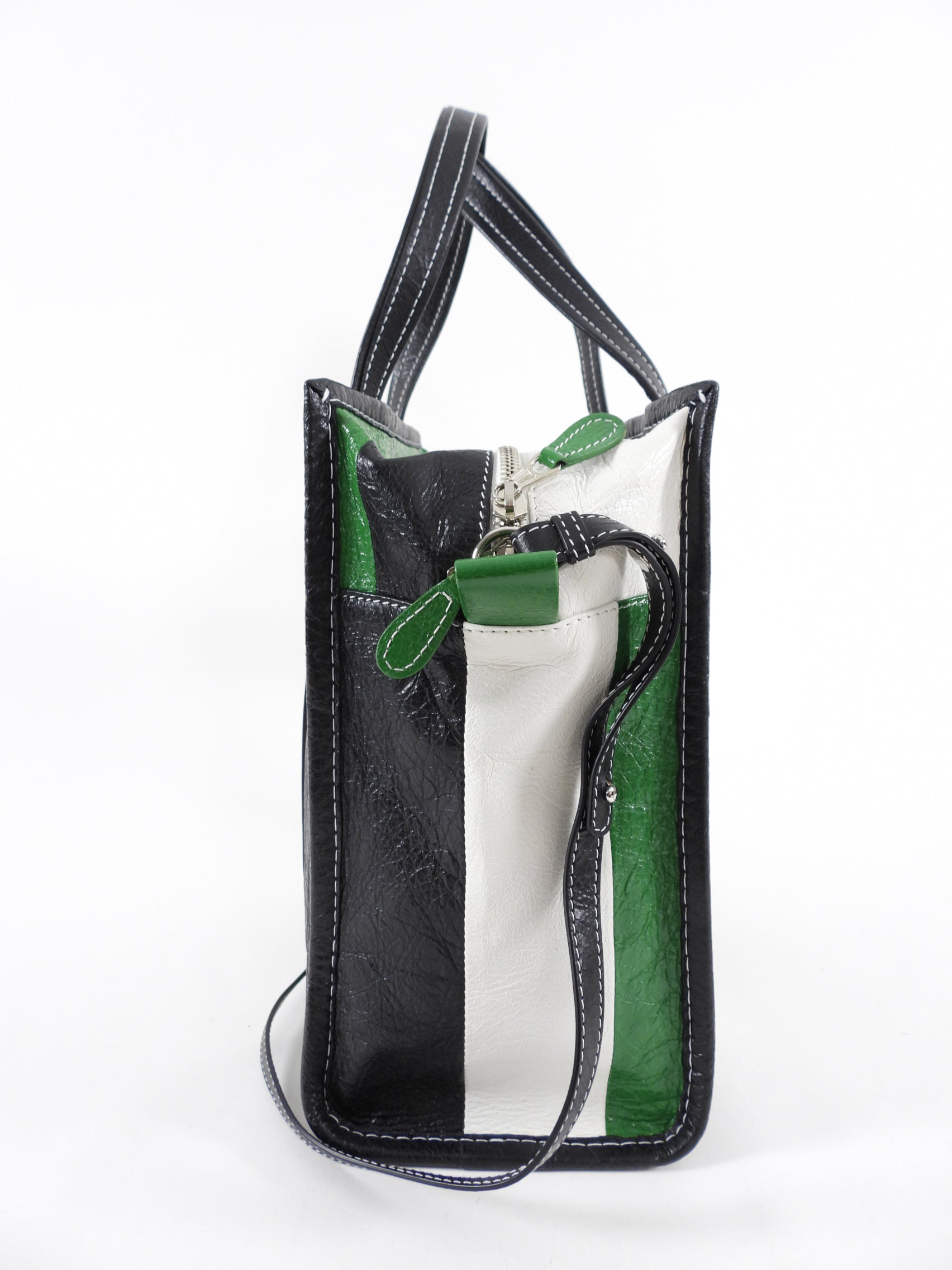 Balenciaga Bazaar Striped Green and Black Small Tote Bag - Stylish Designer Handbag for Women, Perfect for Work, Travel & Everyday Use