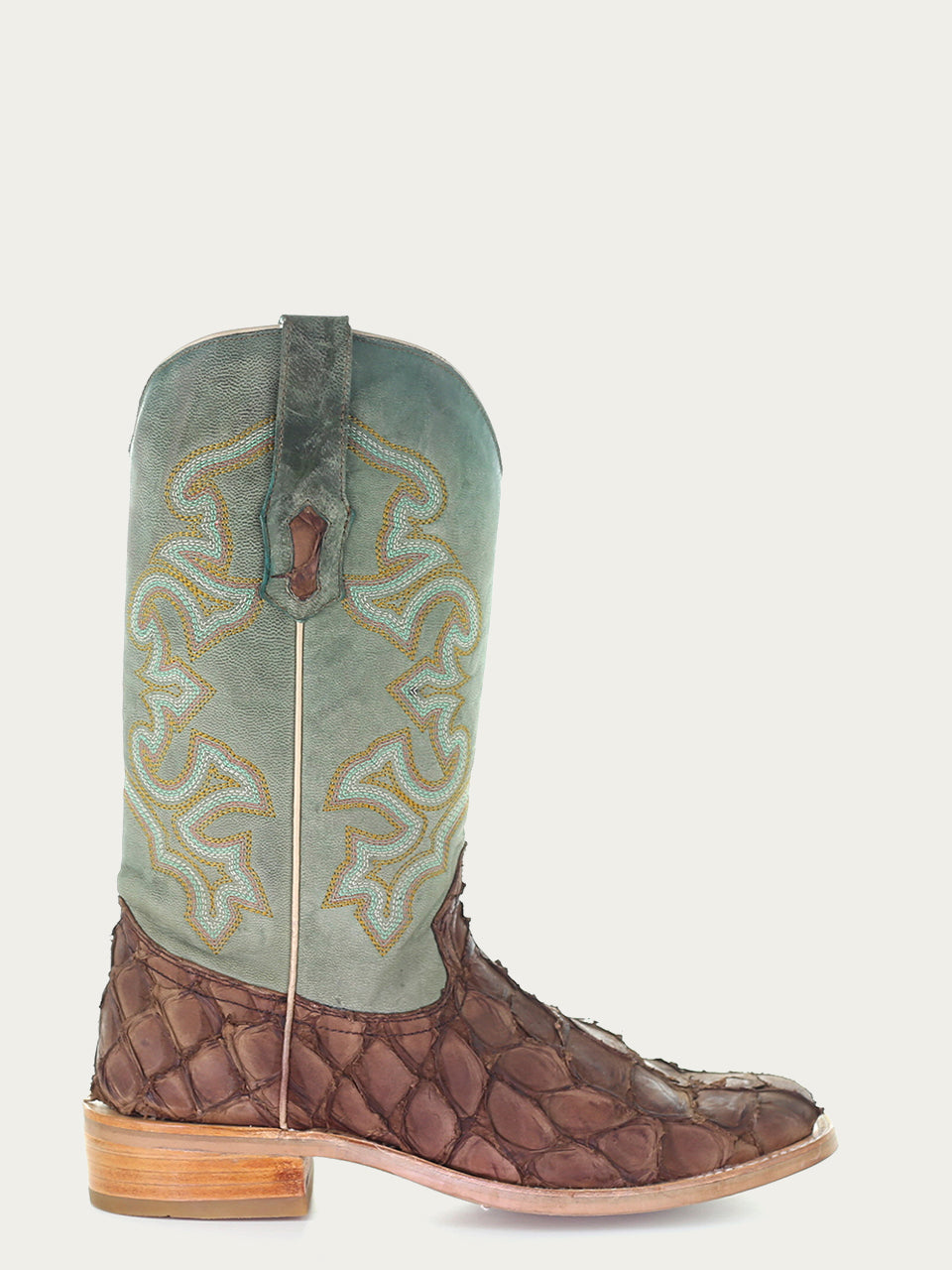 Men's Embroidered Brown Pirarucu Leather Turquoise Square Toe Rodeo Cowboy Boots - Western Style for Country Dancing, Rodeo Events & Casual Wear