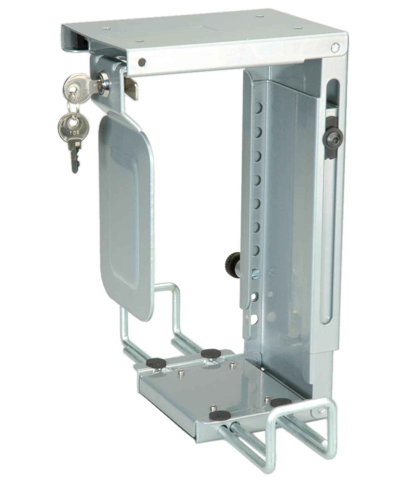 Lockable Silver Mini PC Holder - Secure Mount for Home Office, Gaming & Workspace Organization