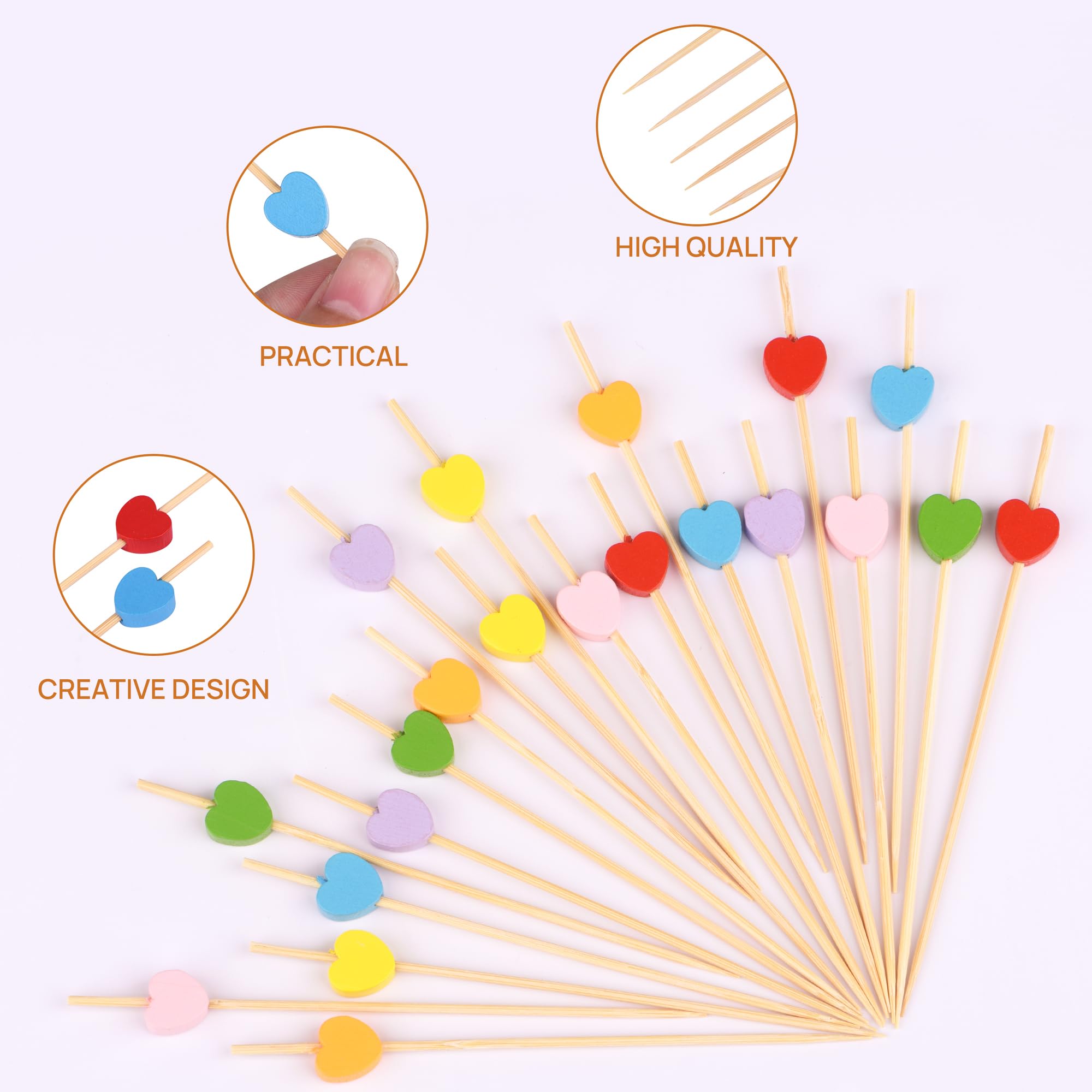 Heart-Shaped Bamboo Toothpicks 100 Pack - Natural Appetizer Picks for Fruit, Cake & BBQ Parties (Pink)