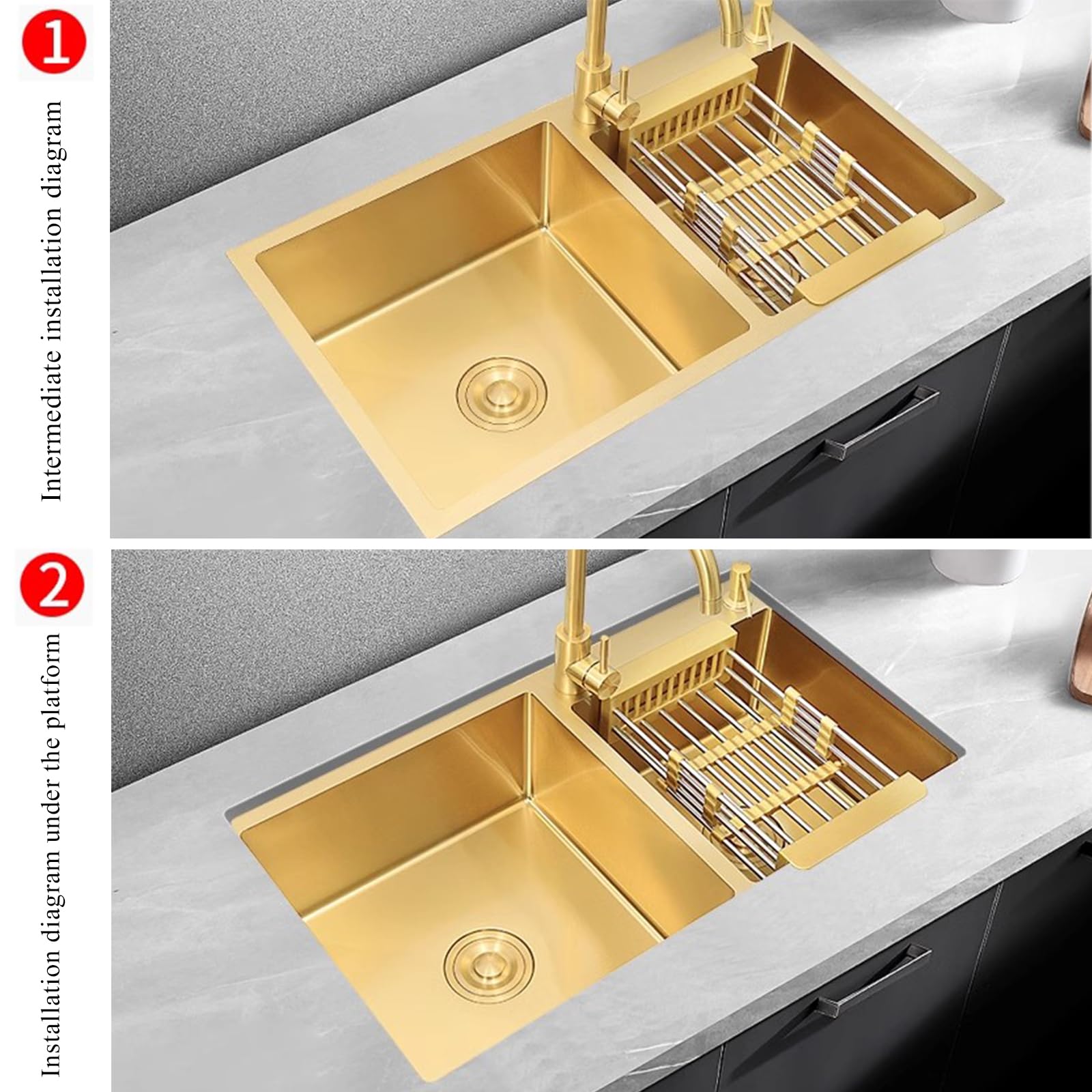 Premium Double Bowl Gold Stainless Steel Kitchen Sink - 32.3x17.7 Inch Top Mount/Drop-in Design with Drain Basket & Stopper - High Capacity, Rustproof, Easy Clean - Perfect for Modern Kitchens, Restaurants & RV Use