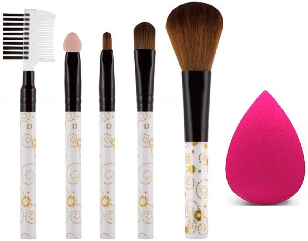 Premium 6-Piece White Makeup Brush Set with Pink Beauty Blender for Women & Girls - Perfect for Foundation, Blush, Eyeshadow & Contouring - Ideal for Professional Makeup Artists & Beginners