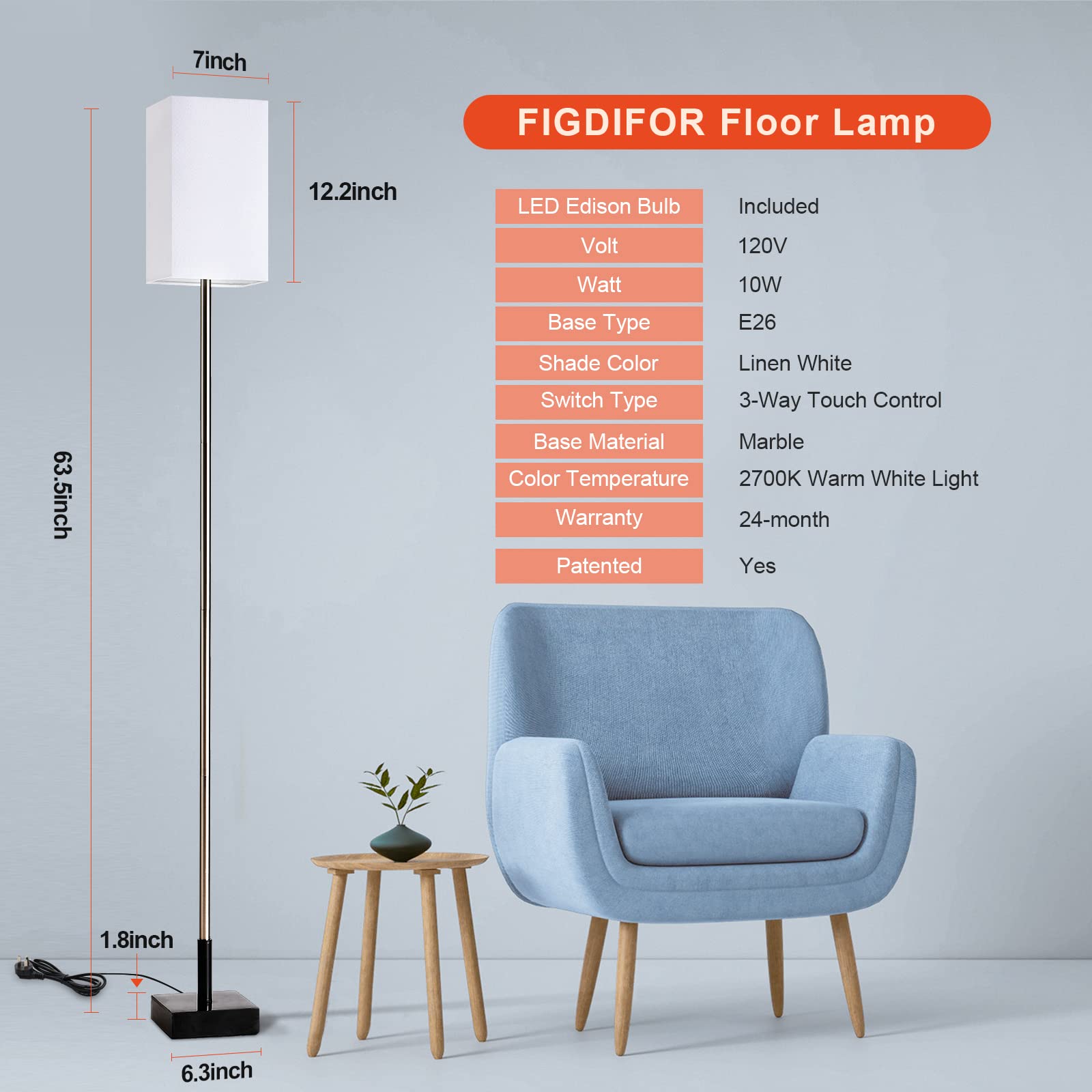 3-Way Dimmable Touch Control Modern Floor Lamp with Pull Chain Switch - Adjustable Brightness for Living Room, Bedroom, Office & Reading Corner