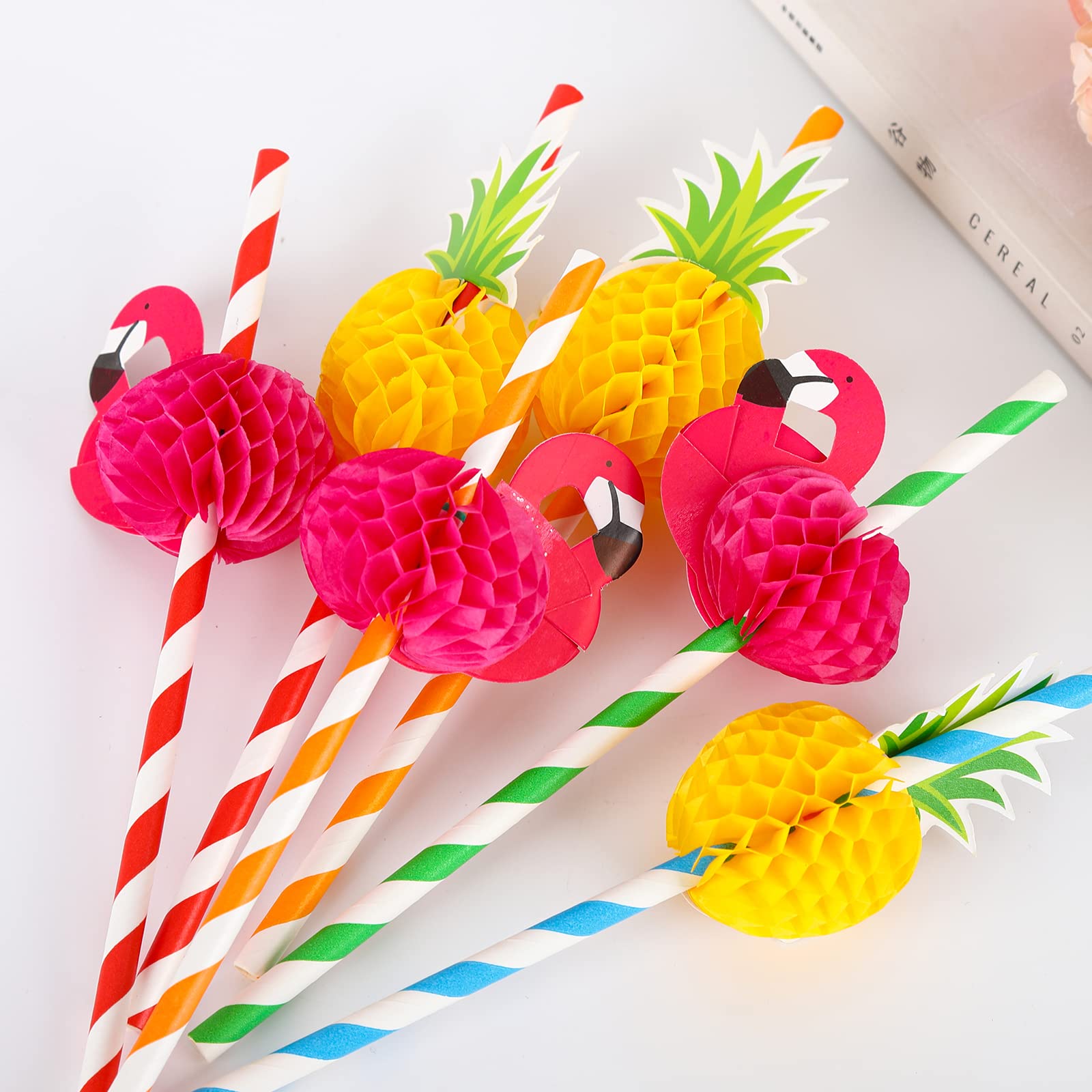 50-Pack Biodegradable 3D Fruit Paper Straws - Pineapple, Flamingo & Tropical Designs - Eco-Friendly Drinking Straws for Cocktails, Parties & Hawaiian Luau Decor - Perfect for Summer Celebrations, Beach Weddings & Poolside Gatherings