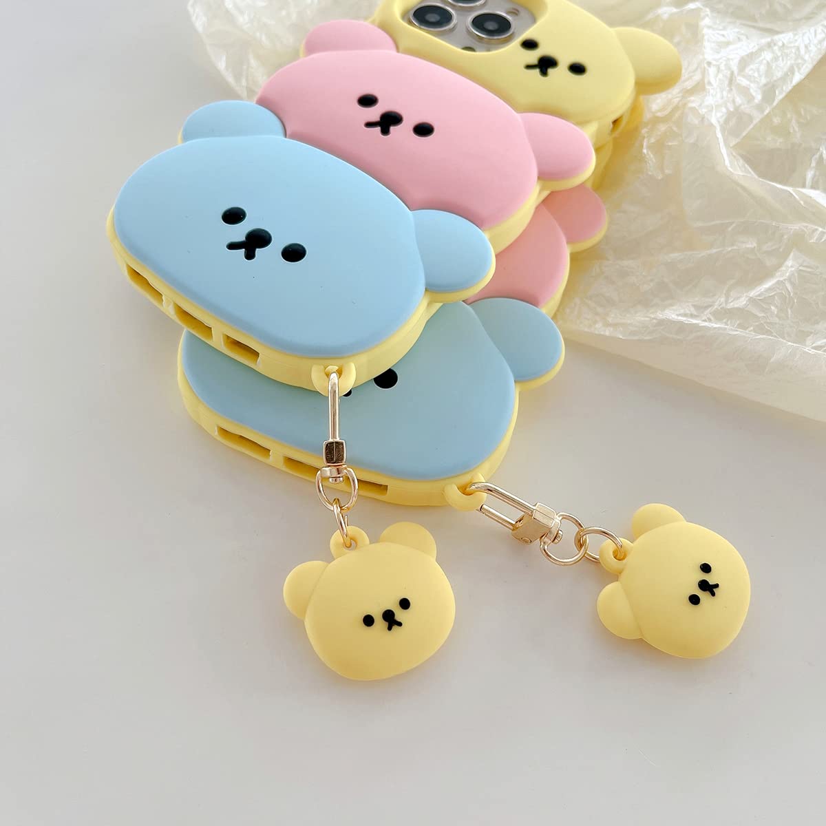 Cute 3D Silicone Bear Phone Case for iPhone 13 - Kawaii Cartoon Design with Keychain, Soft Rubber Shockproof Protective Cover for Women & Girls | Perfect for Everyday Use, School, Work, and Travel