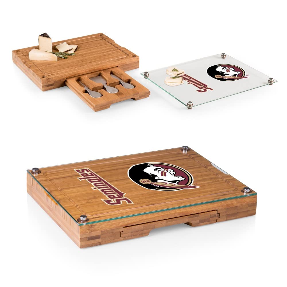 PICNIC TIME NCAA Concerto Glass Top Cheese Board and Knife Set - Bamboo Charcuterie Board with Glass Top Cutting Board for Entertaining, Wine & Cheese Parties, Gifts, and Home Decor