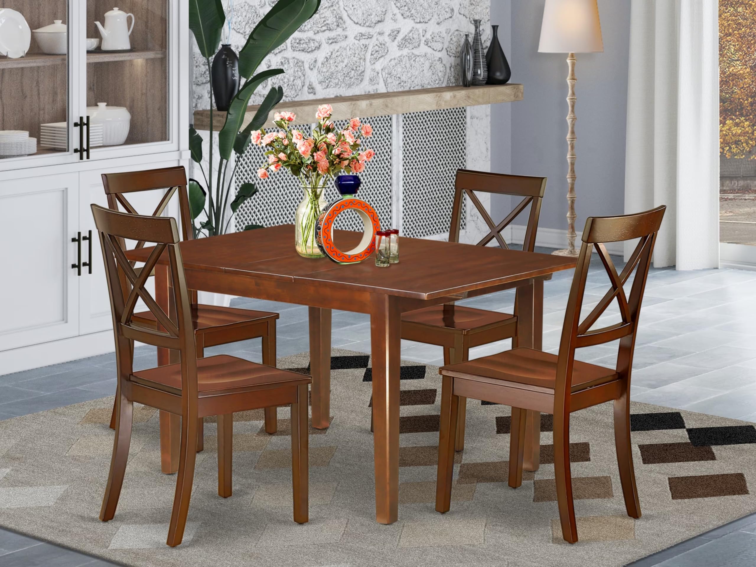 East West Furniture MLBO5-MAH-W 5-Piece Mahogany Dining Set with 36x54 Inch Extendable Table & 4 Wooden Chairs - Perfect for Small Spaces, Breakfast Nooks & Compact Dining Rooms