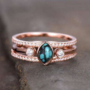 Vintage Turquoise Wedding Ring Set - 4x6mm Marquise December Birthstone, Unique Diamond Band Rose Gold Ring for Women | Perfect for Engagement, Anniversary & Special Occasions
