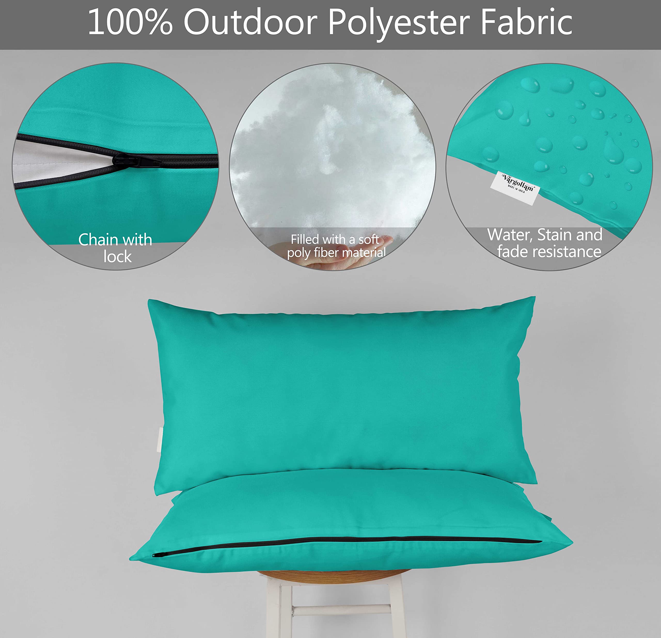 Waterproof Indoor Outdoor Lumbar Pillow with Insert - All-Weather Polyester Decorative Throw Pillow Set of 2 for Patio Furniture (Turquoise Green) - Perfect for Sofa, Garden, Deck & Poolside Relaxation